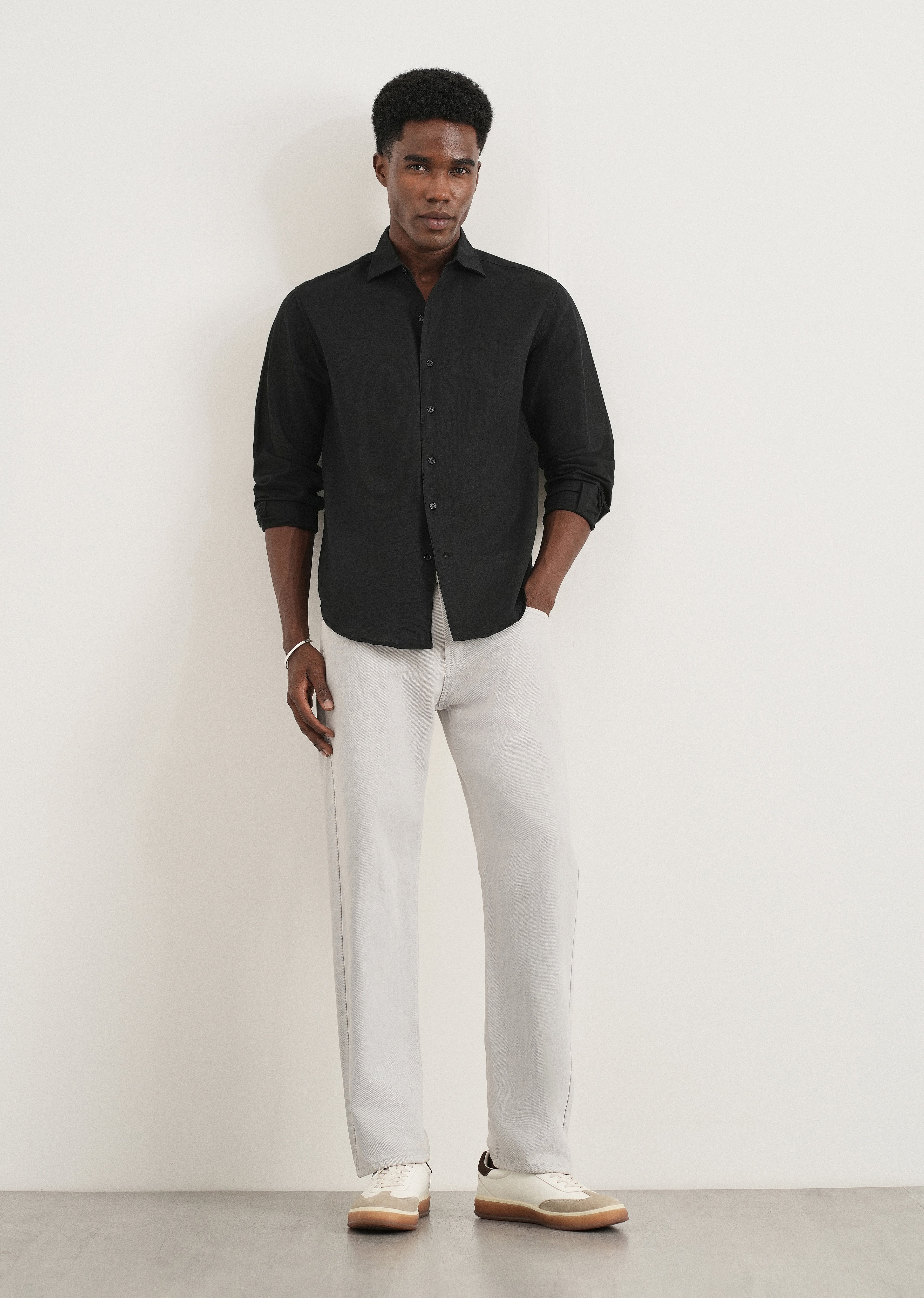 Black Plain Cotton Linen Shirt