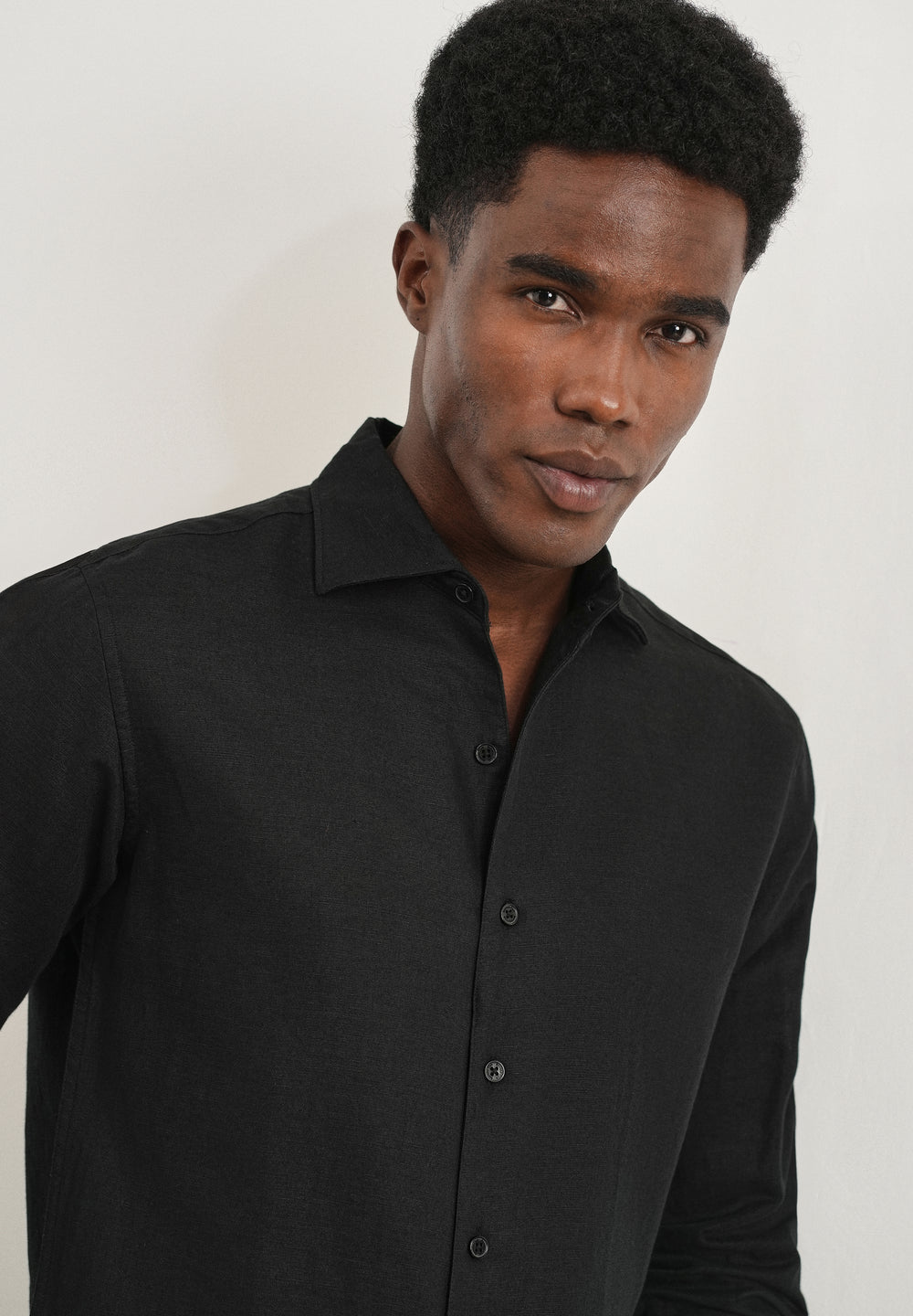 Black Plain Cotton Linen Shirt