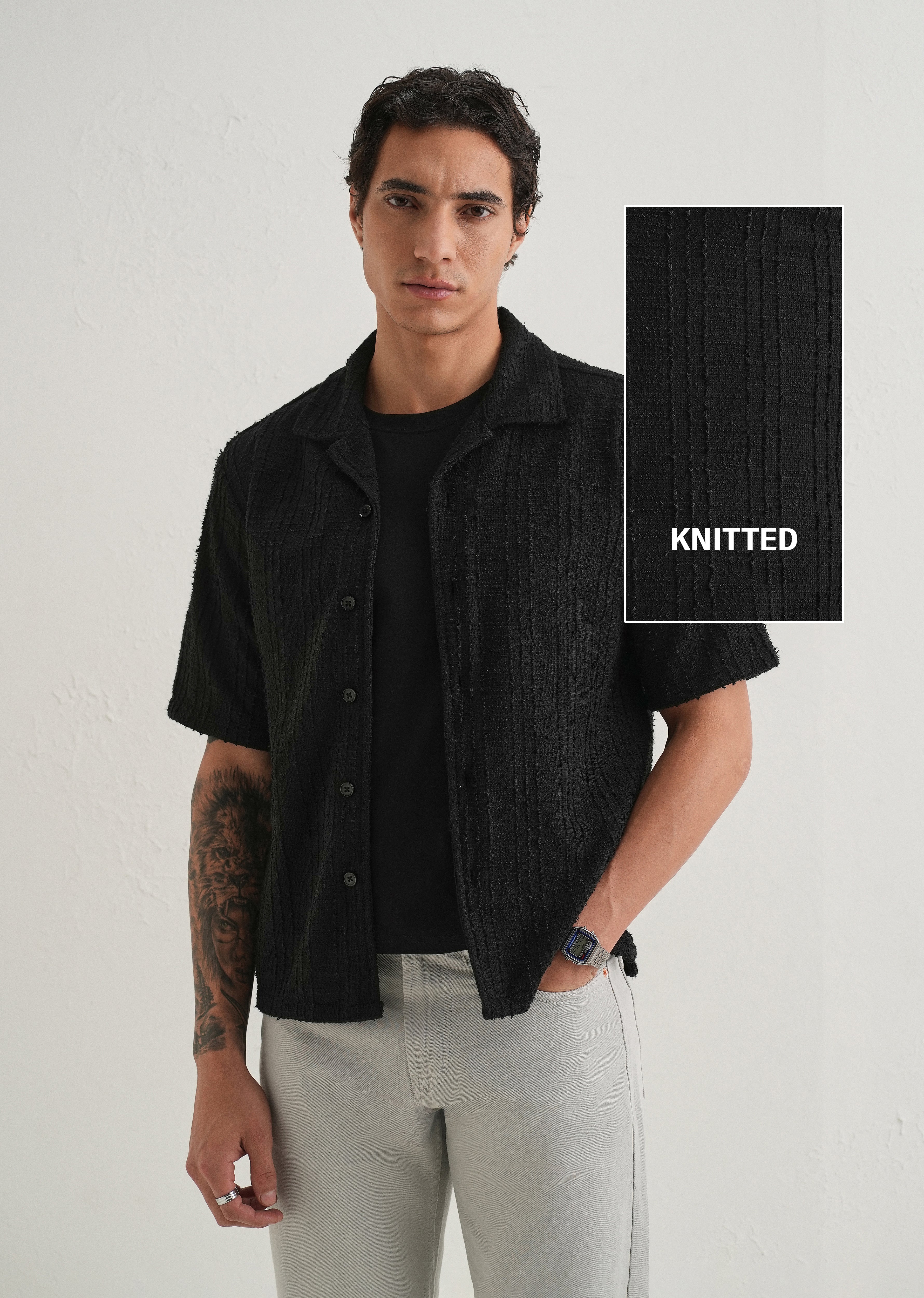 Black Plain Cuban Collar Knitted Shirt