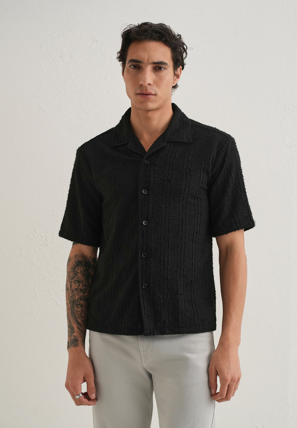 Black Plain Cuban Collar Knitted Shirt