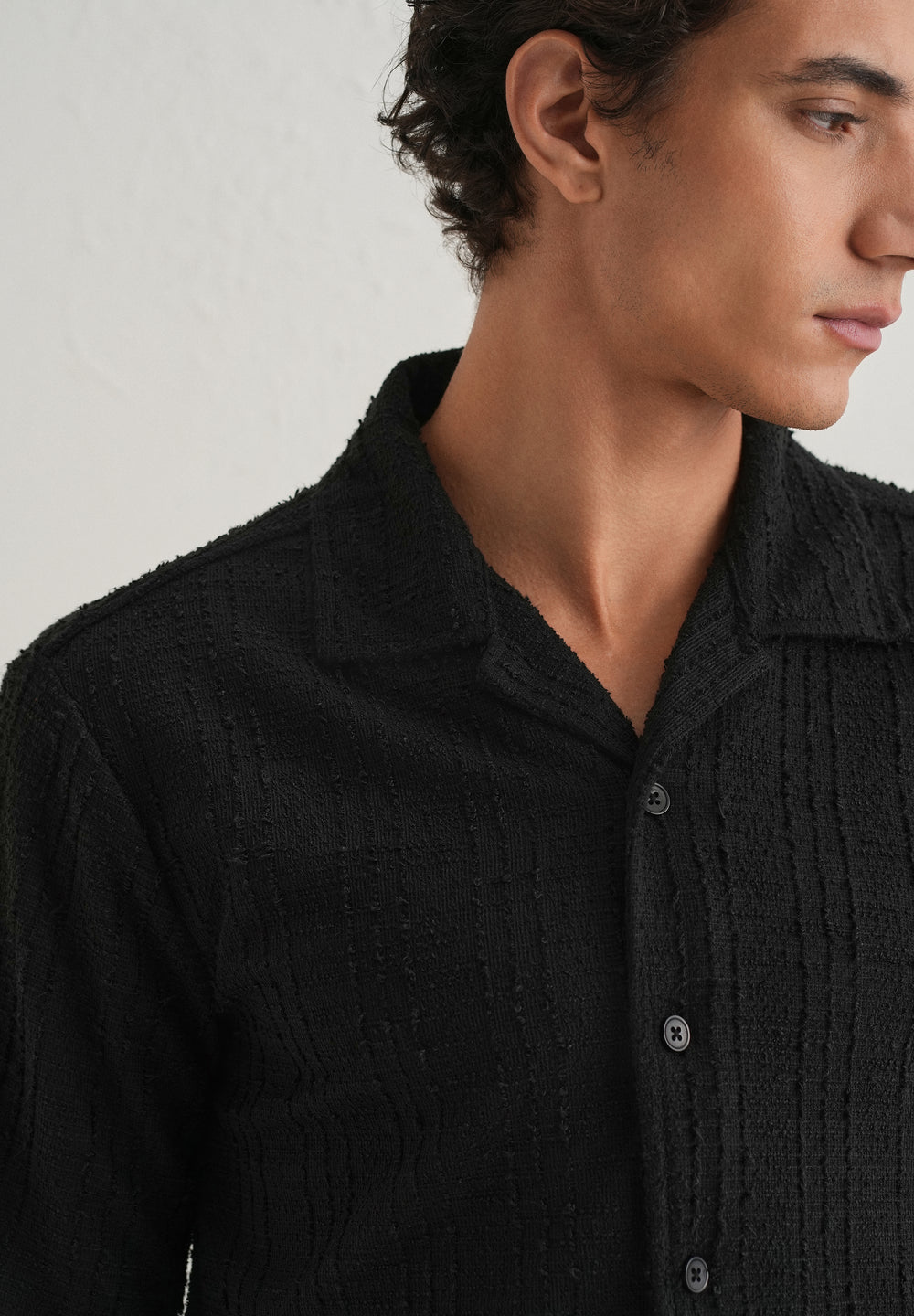 Black Plain Cuban Collar Knitted Shirt