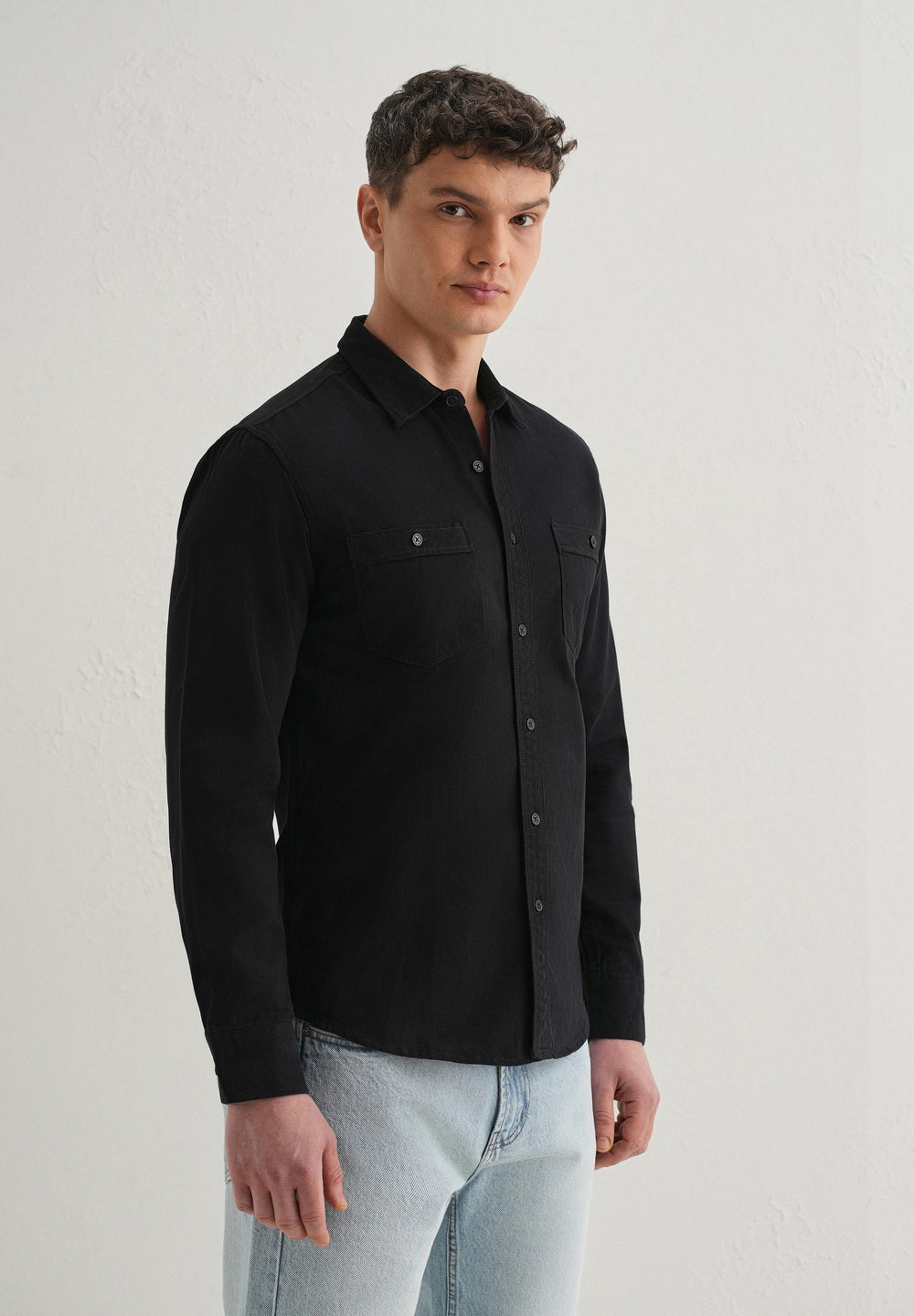 Black Plain Double Pocket Shirt