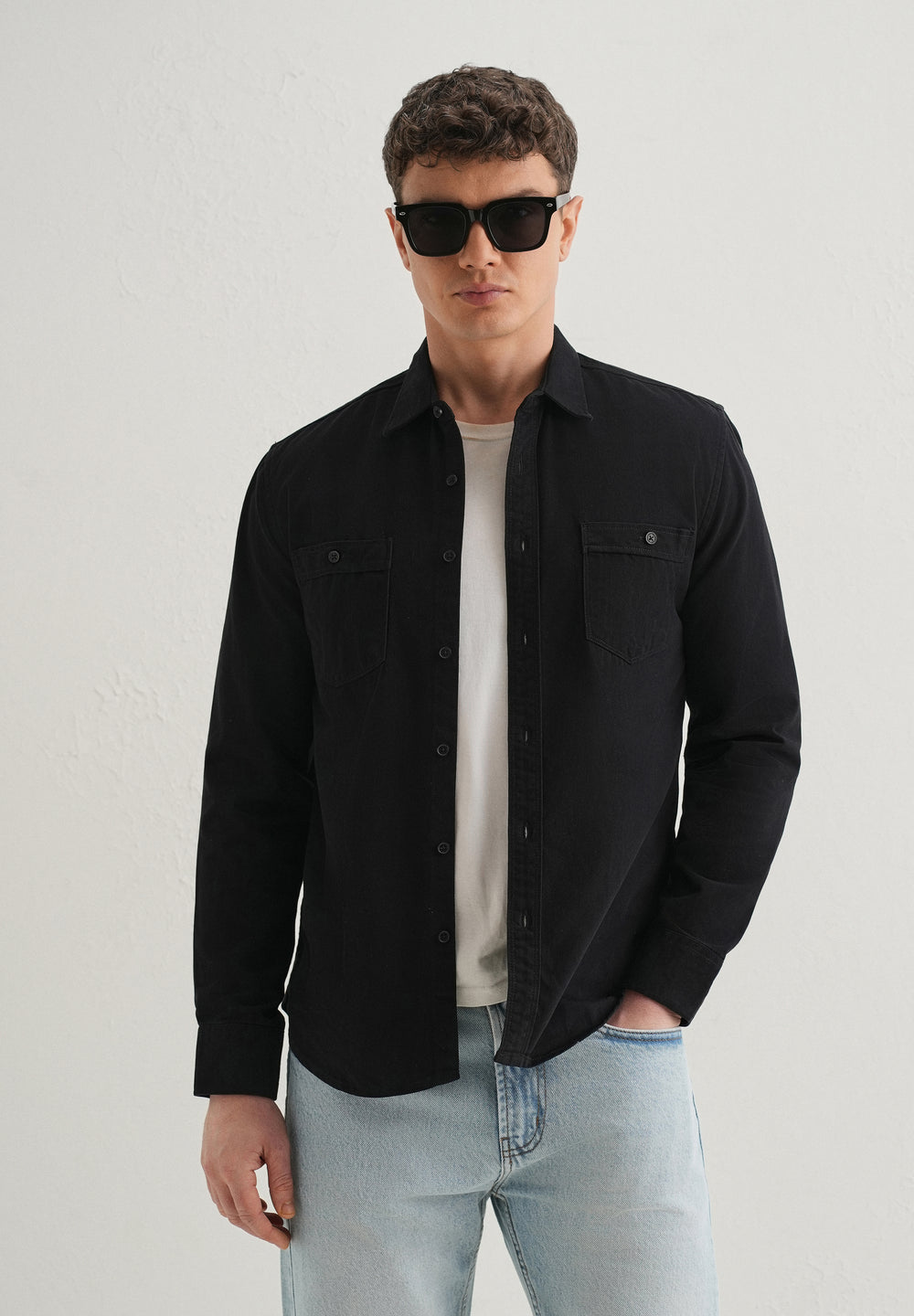 Black Plain Double Pocket Shirt