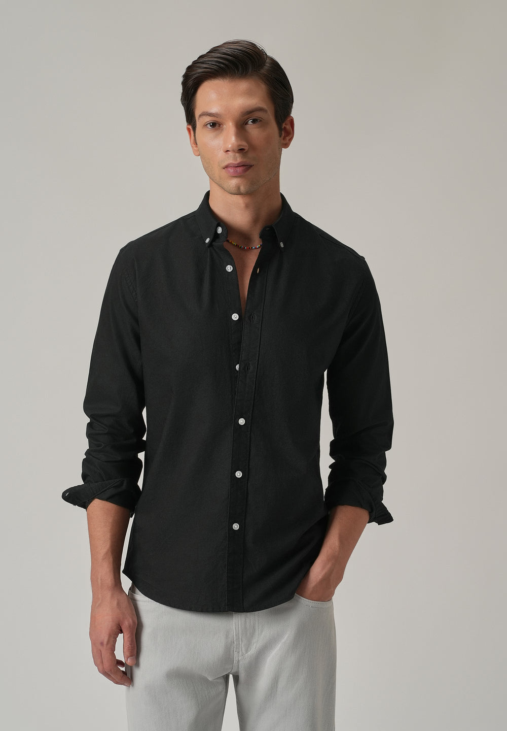Black Plain Elbow Patch Oxford Shirt