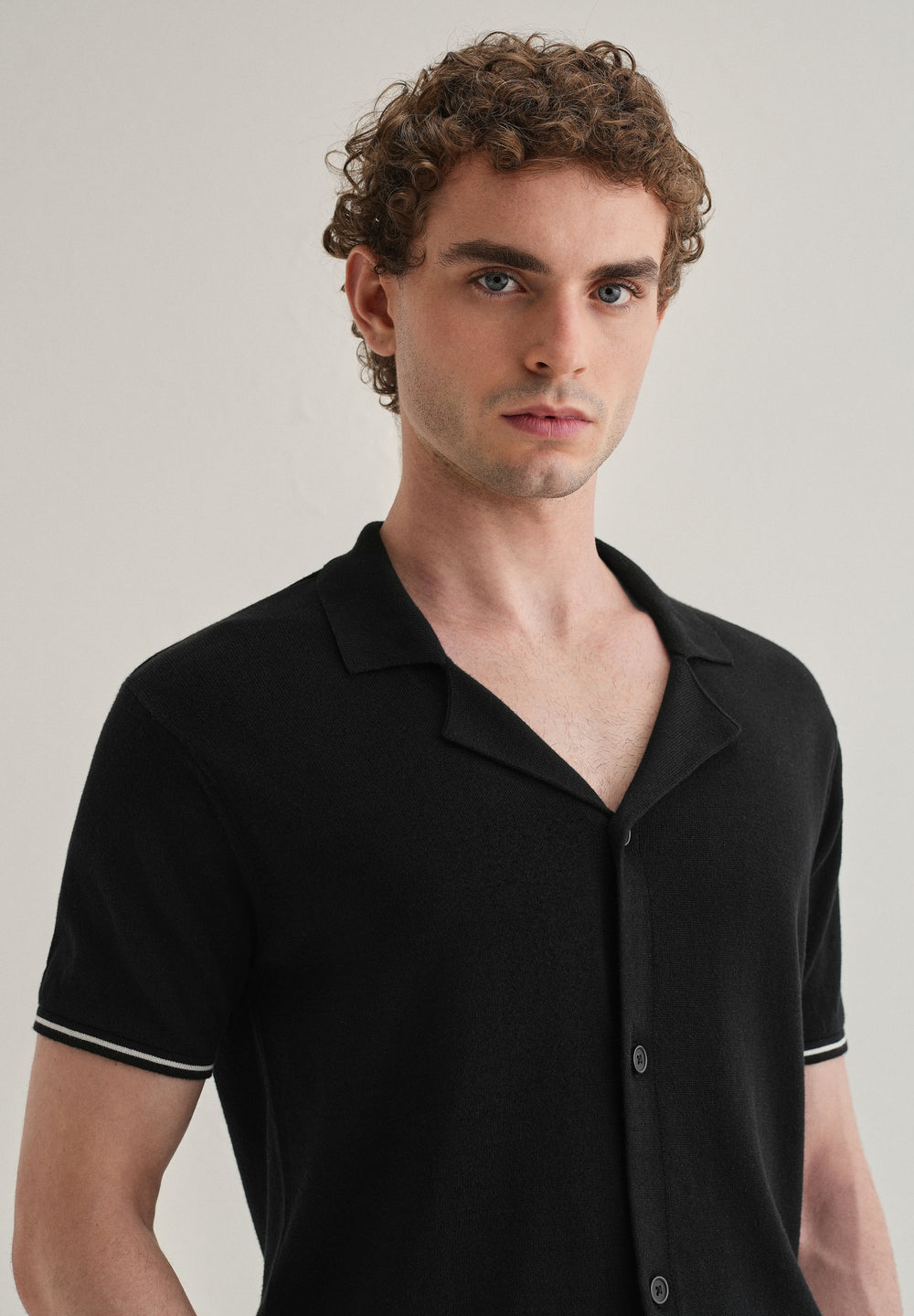 Black Plain Knit Cuban Collar Shirt