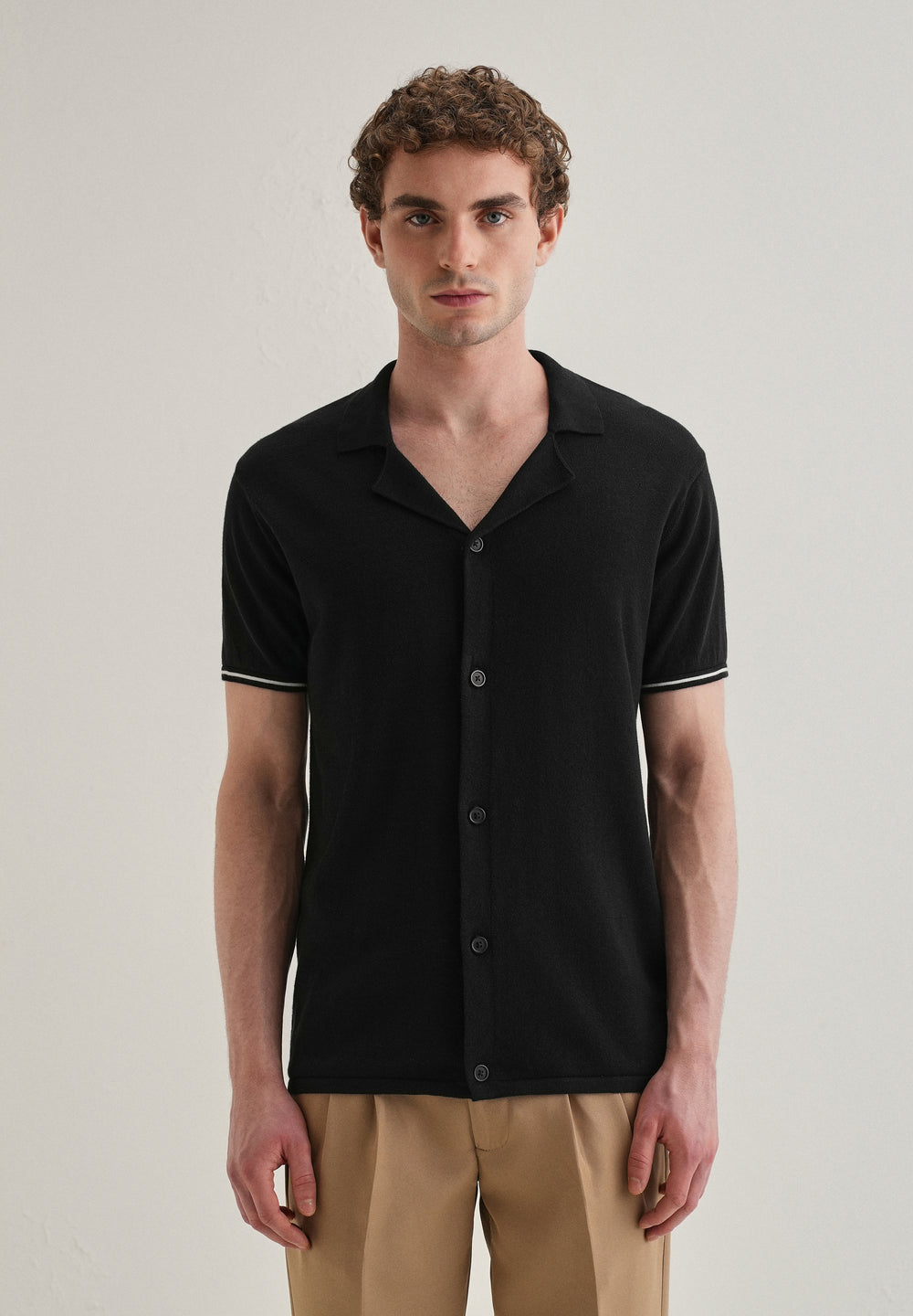 Black Plain Knit Cuban Collar Shirt