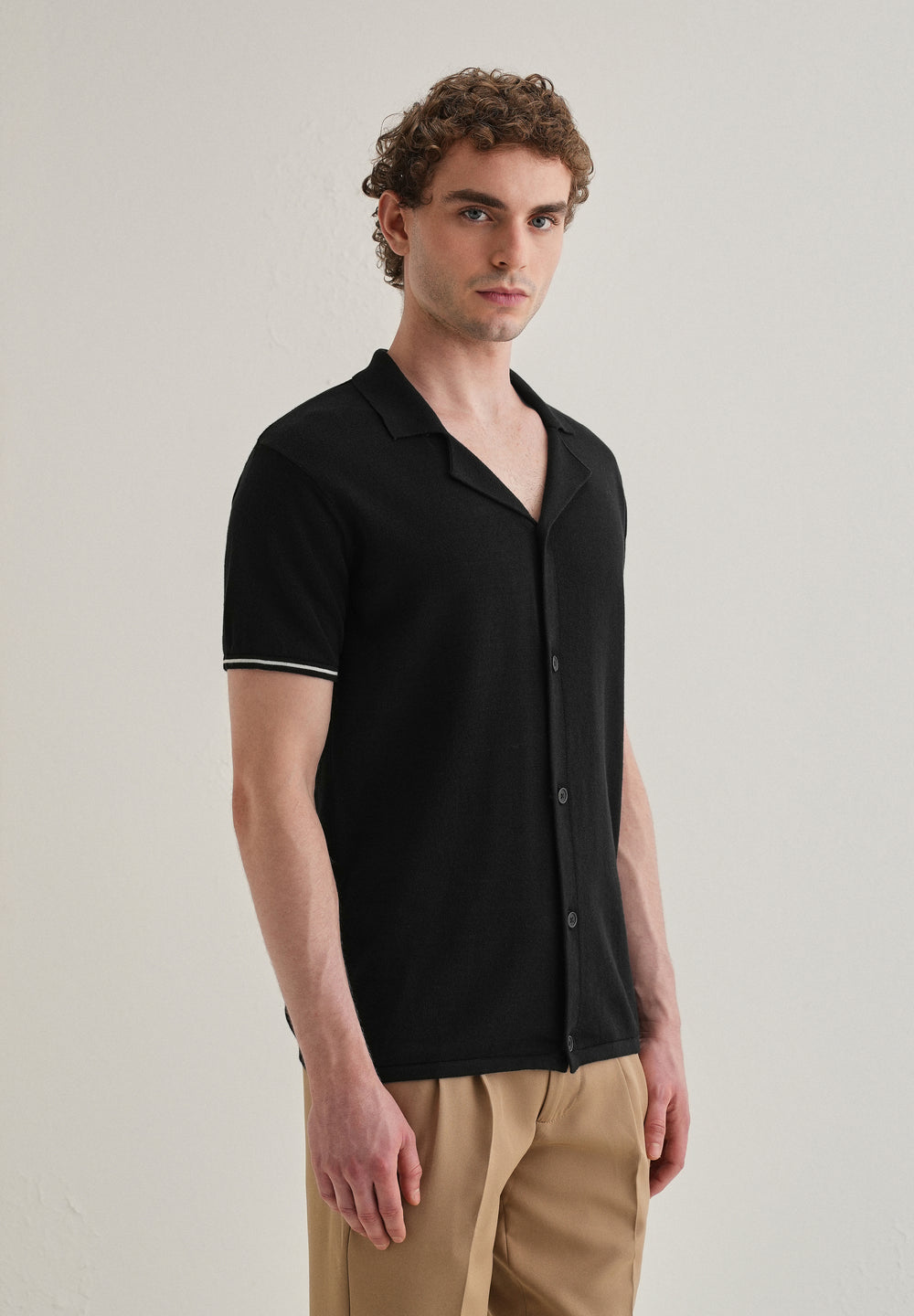 Black Plain Knit Cuban Collar Shirt