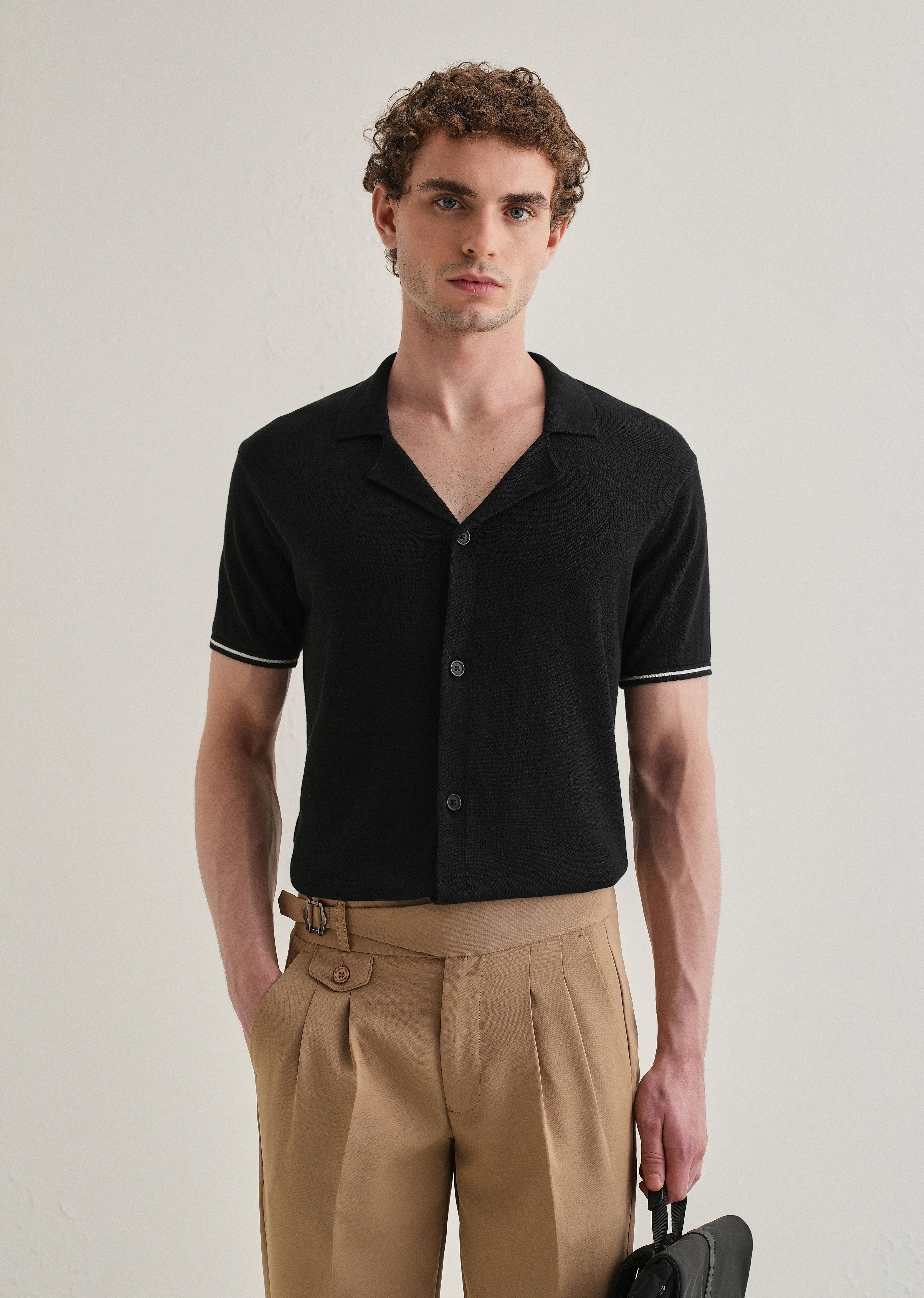 Black Plain Knit Cuban Collar Shirt