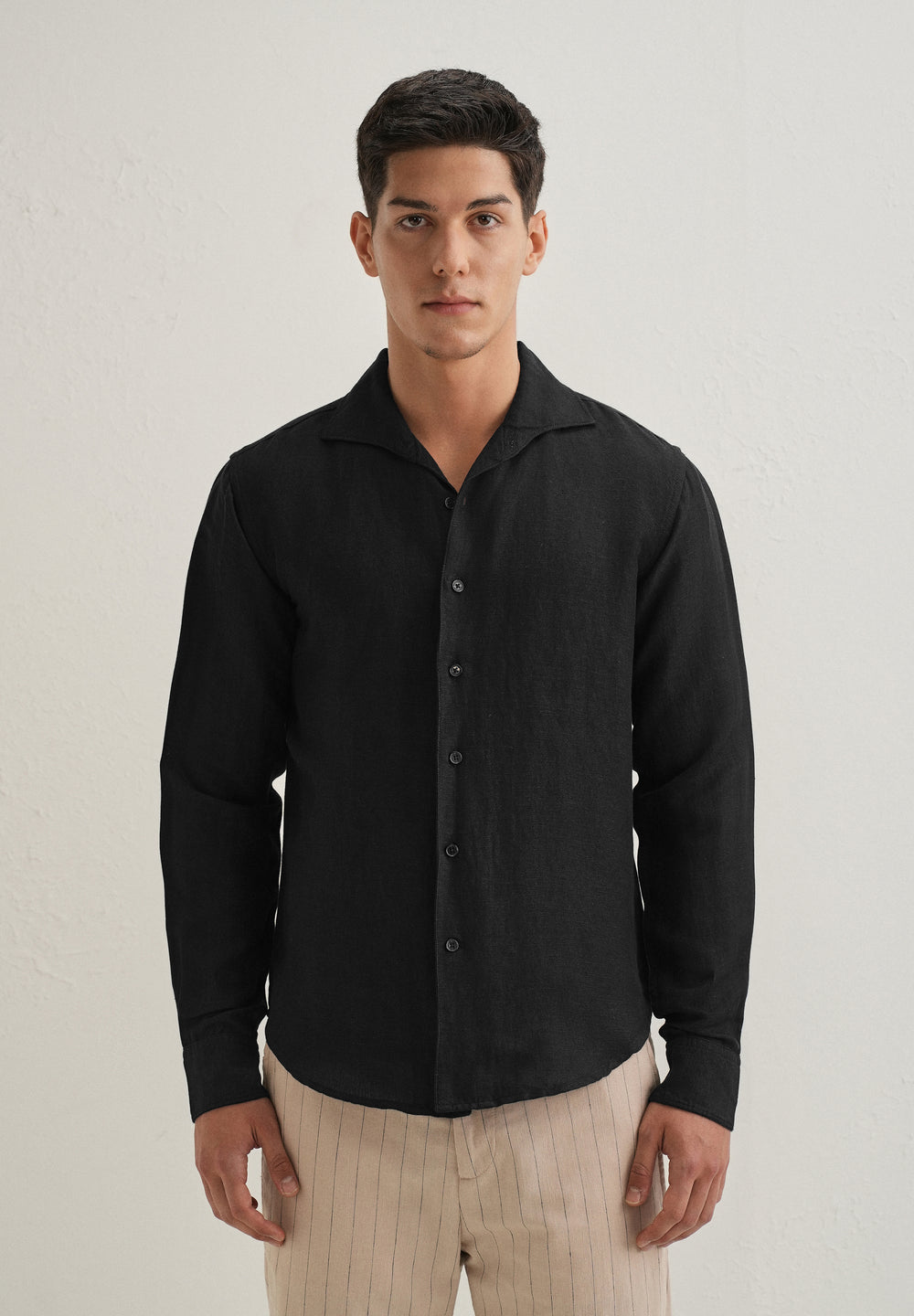 Black Plain Linen Blend Shirt