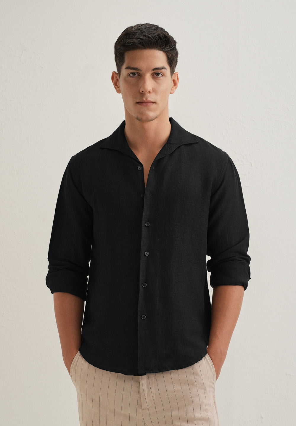 Black Plain Linen Blend Shirt