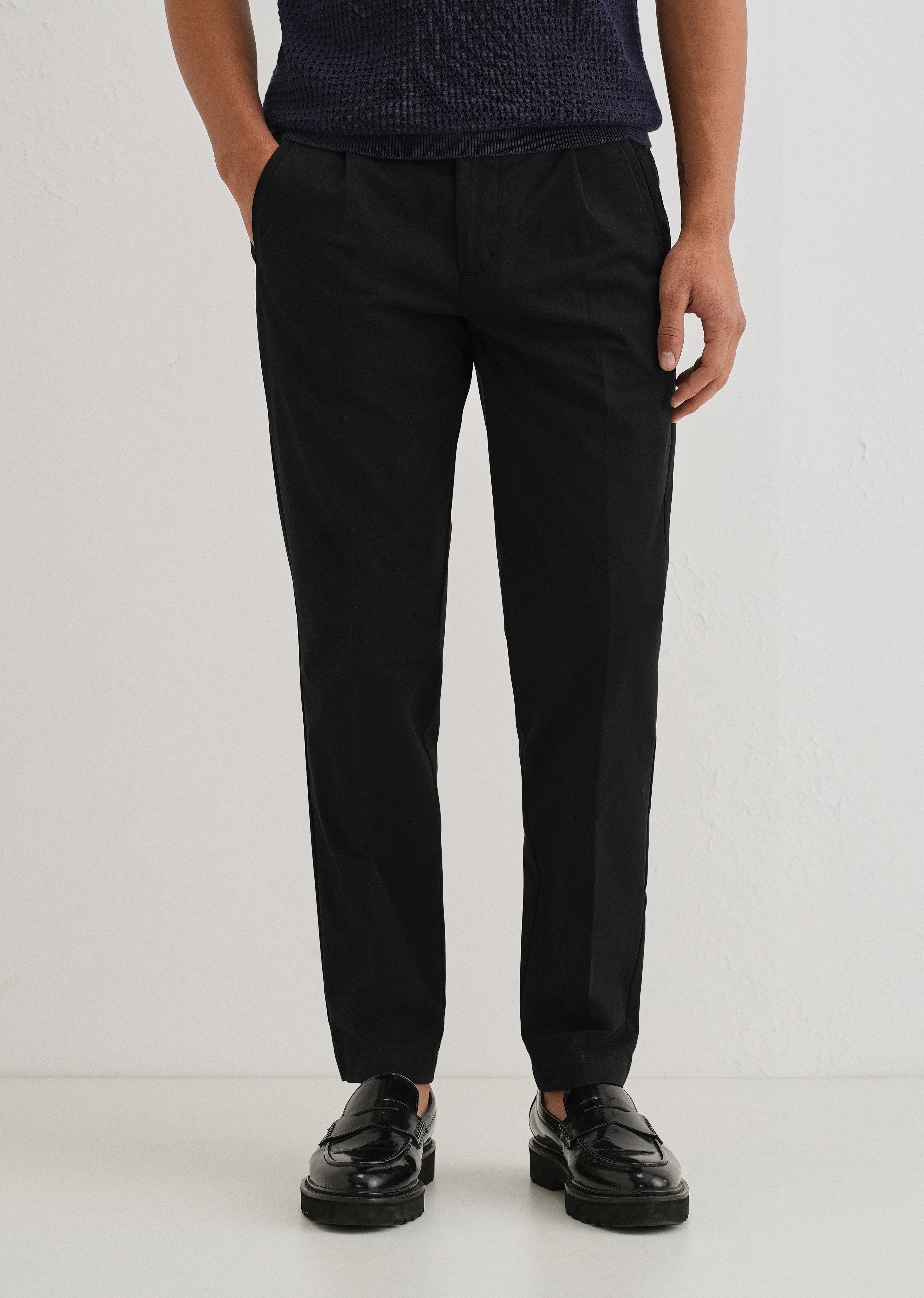 Black Plain Pleated Chinos