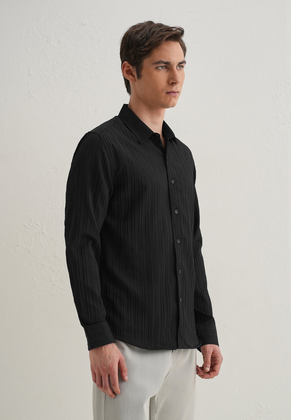 Black Plain Self Striped Shirt