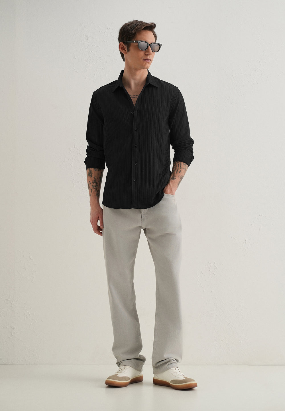 Black Plain Self Striped Shirt