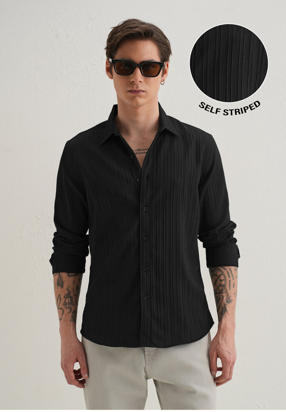 Black Plain Self Striped Shirt