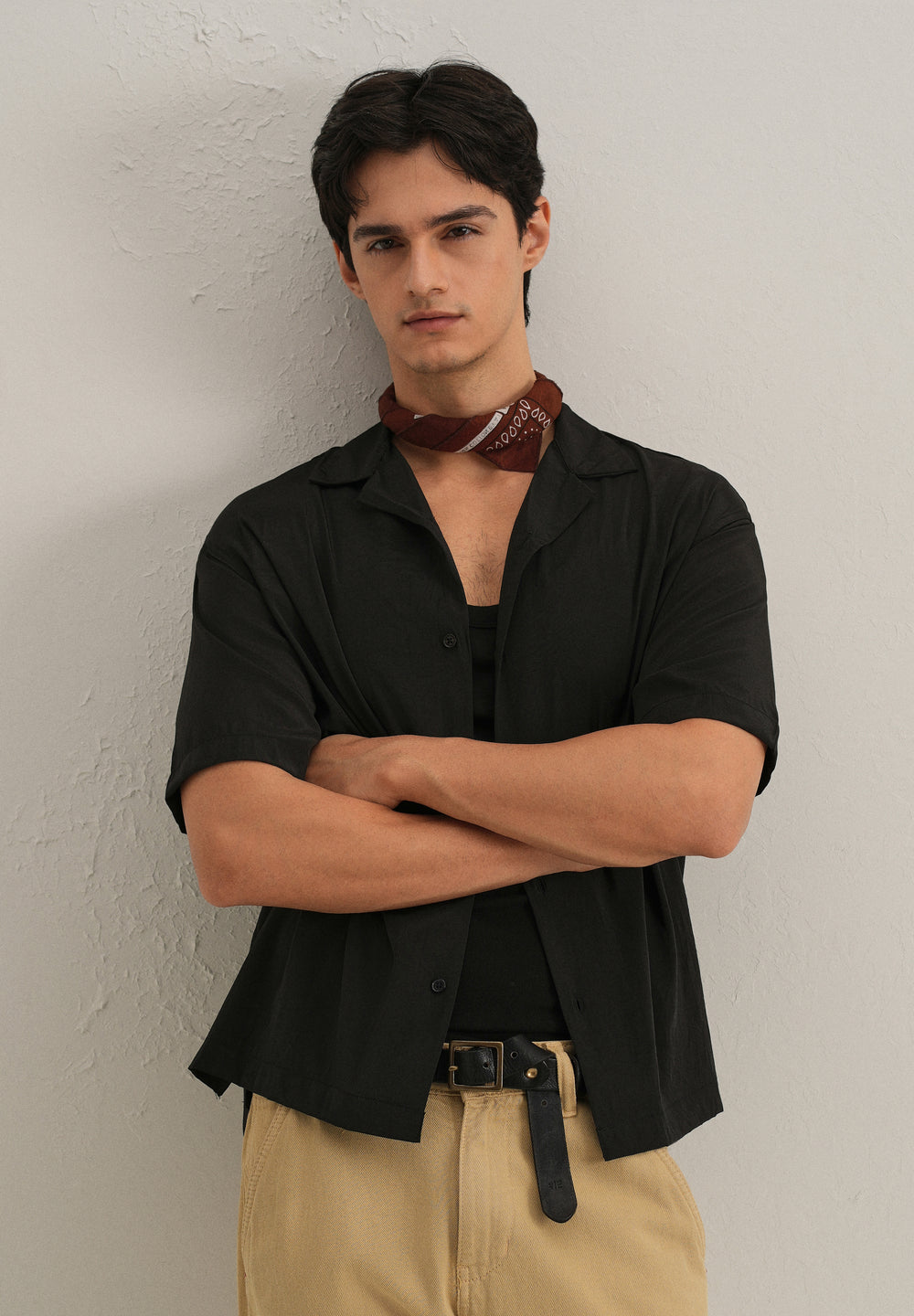 Black Plain Sheen Cuban Collar Shirt
