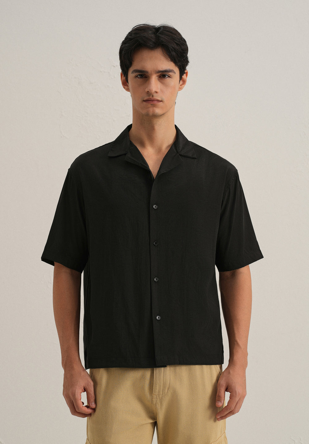 Black Plain Sheen Cuban Collar Shirt