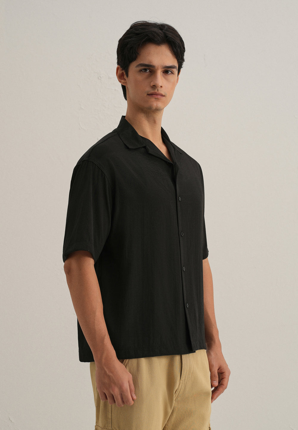 Black Plain Sheen Cuban Collar Shirt