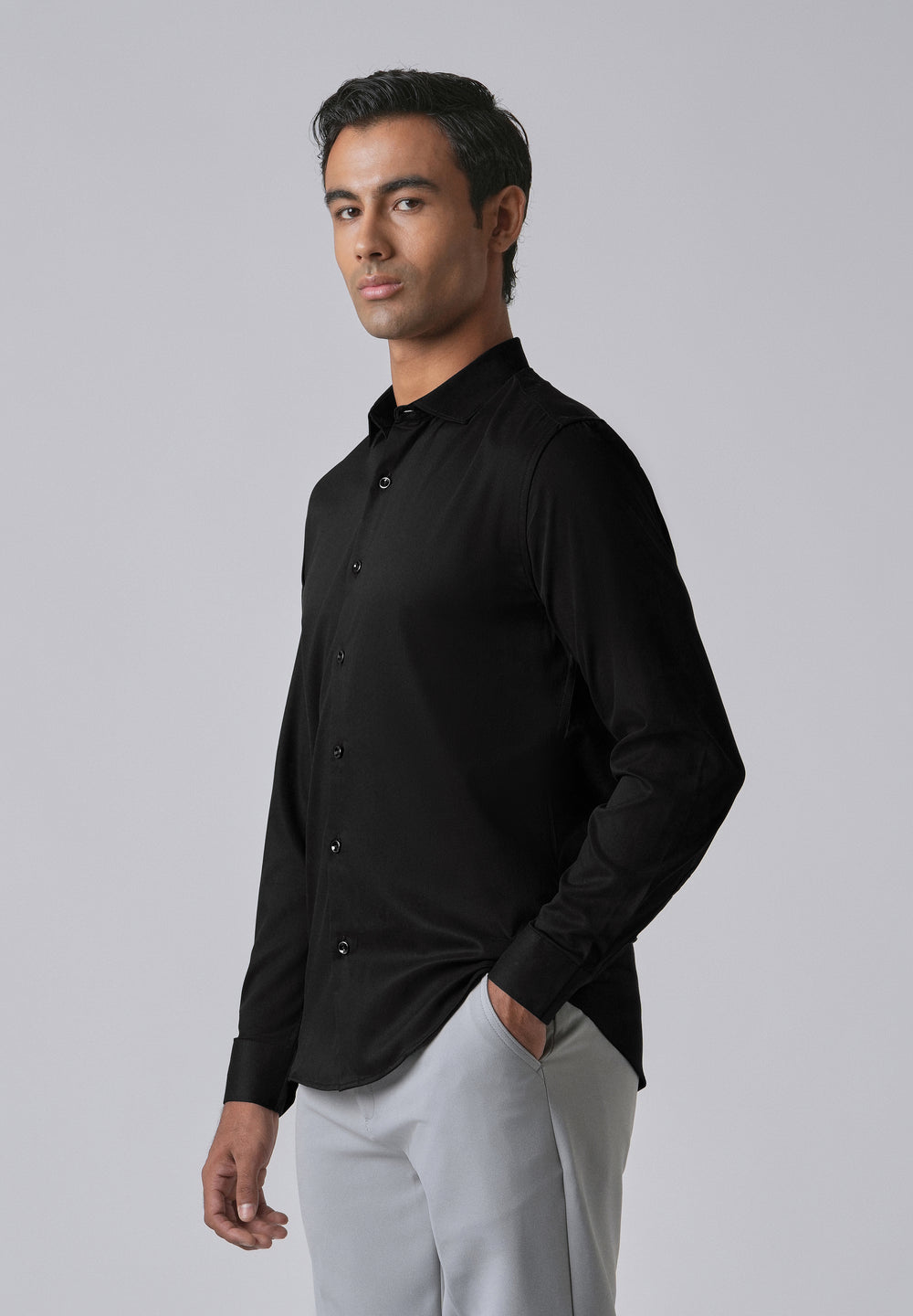 Black Cotton Stretch Plain Shirt