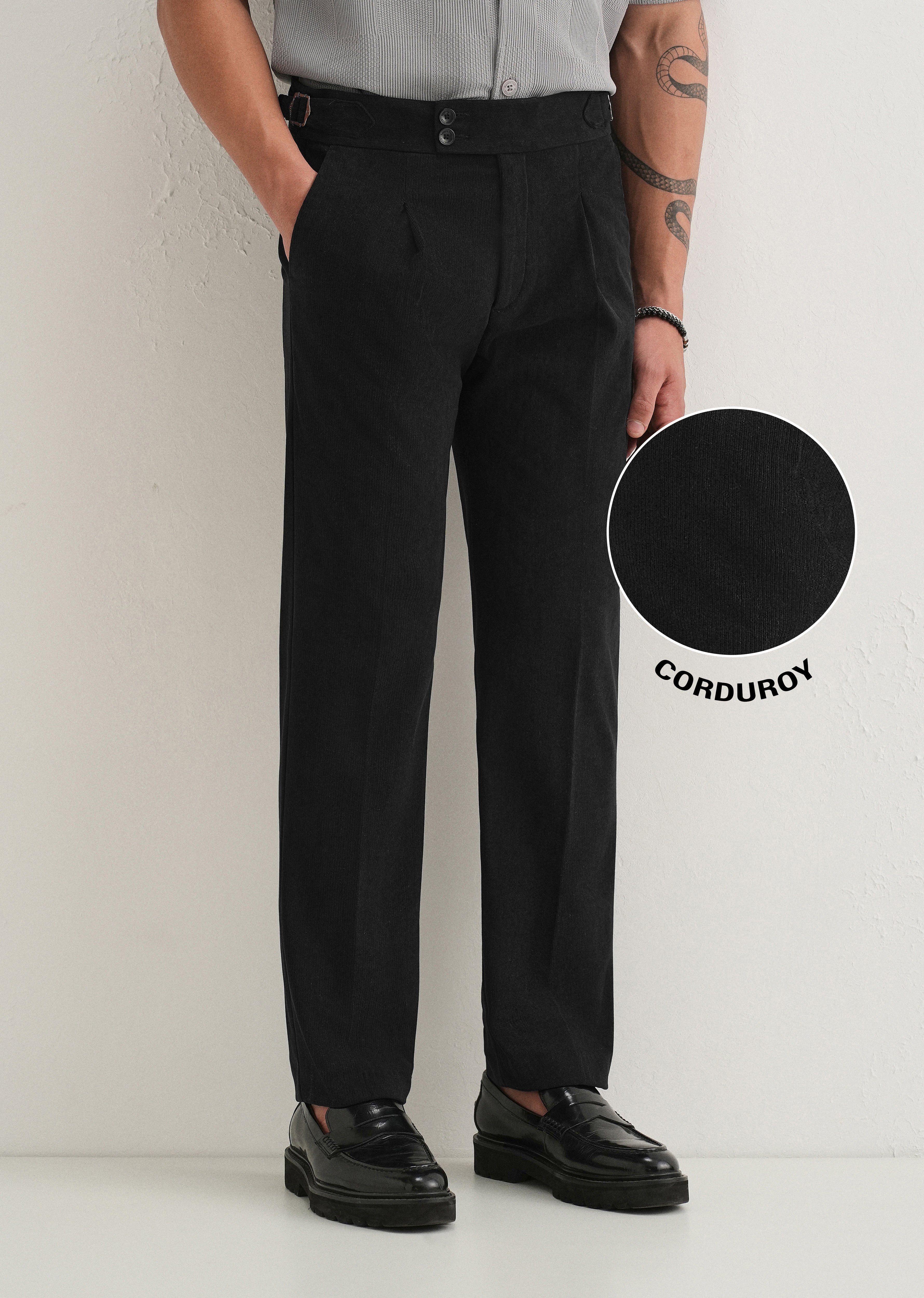 Black Pleated Corduroy Gurkha Pant