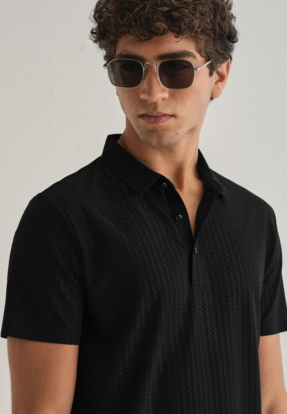 Black Polo Collar Printed Seamless T-shirt