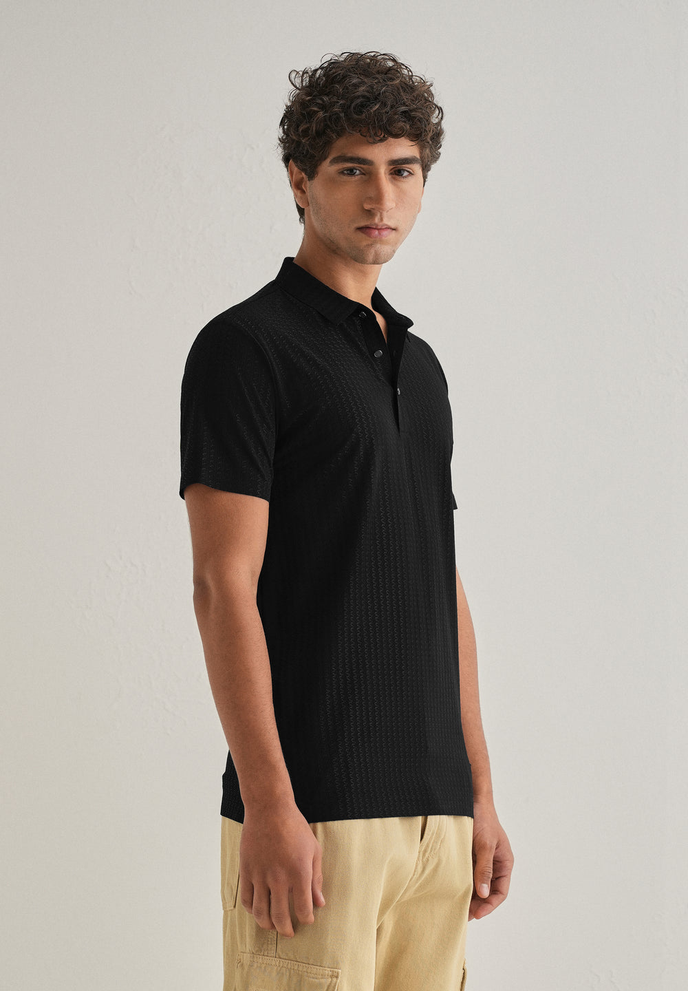 Black Polo Collar Printed Seamless T-shirt
