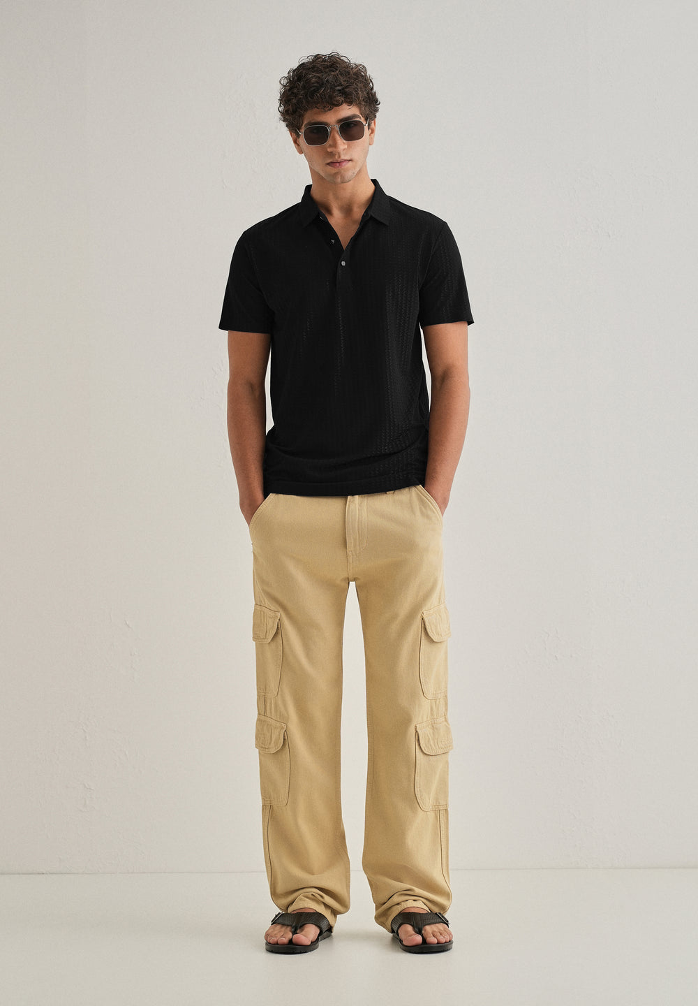 Black Polo Collar Printed Seamless T-shirt