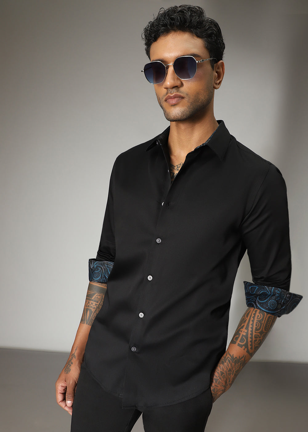 Black Printed Cuff Shirt