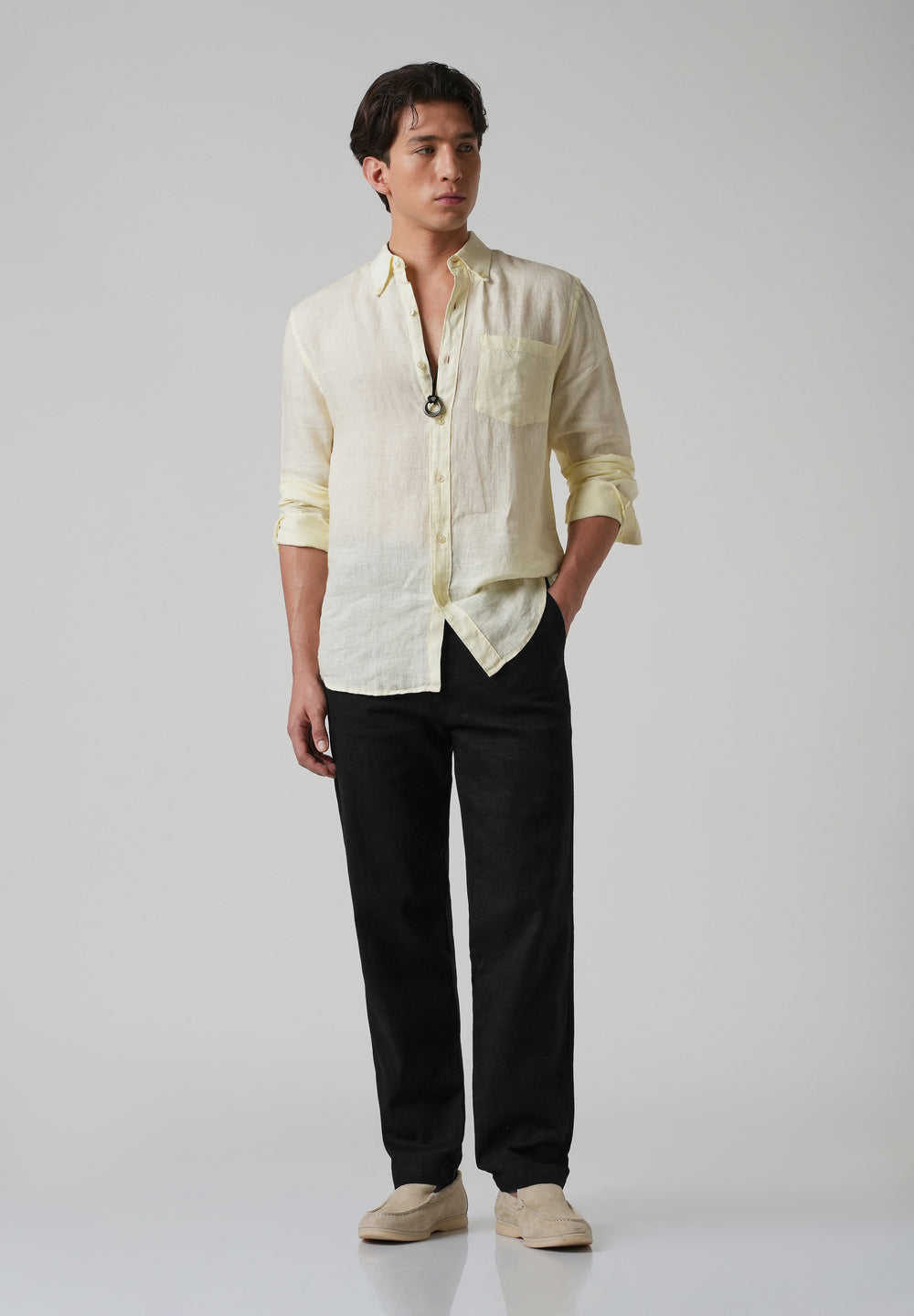 Black Linen-Look Cotton Trousers