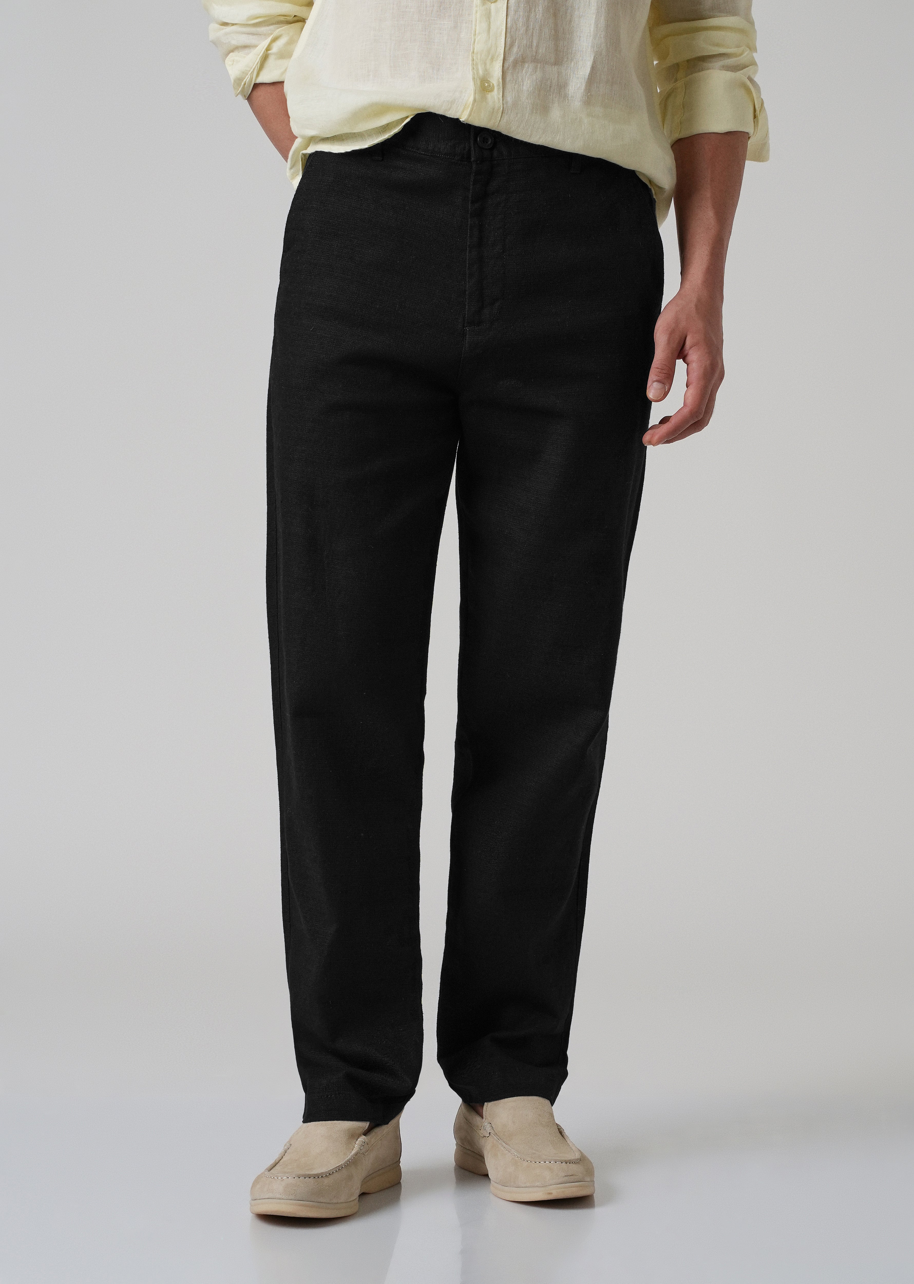 Black Linen-Look Cotton Trousers