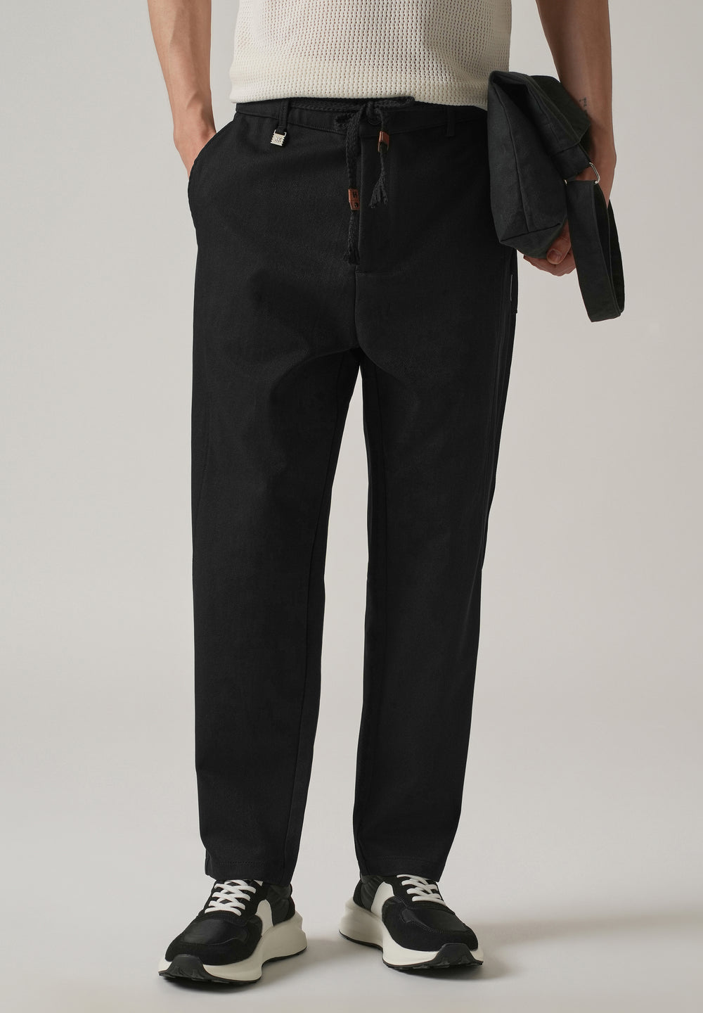 Black Relaxed Fit Tie Waist Pant