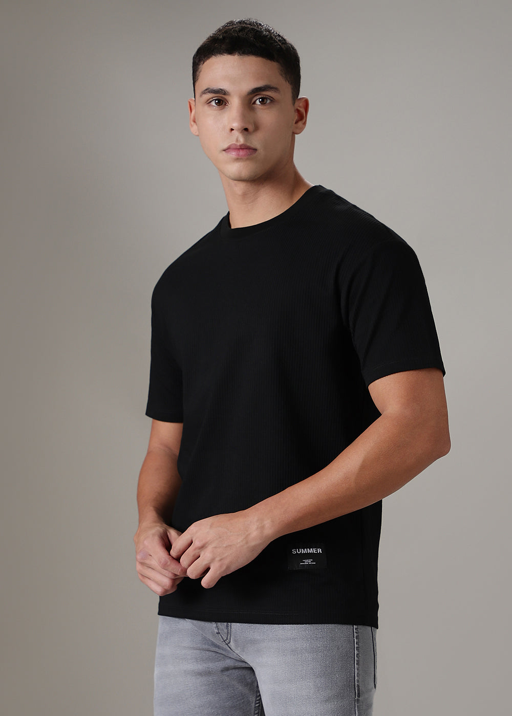 Black Ribbed Regular Fit T-shirt