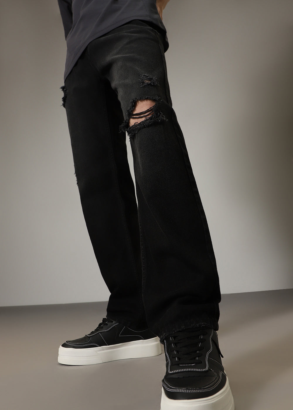 Black Ribbed Straight Fit Jeans