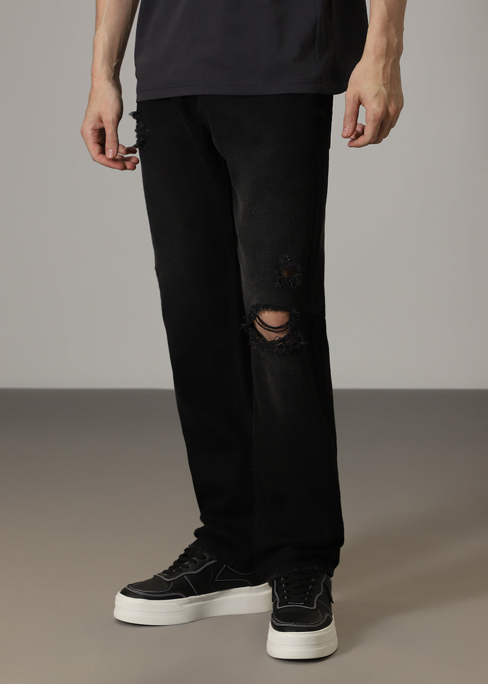 Black Ribbed Straight Fit Jeans