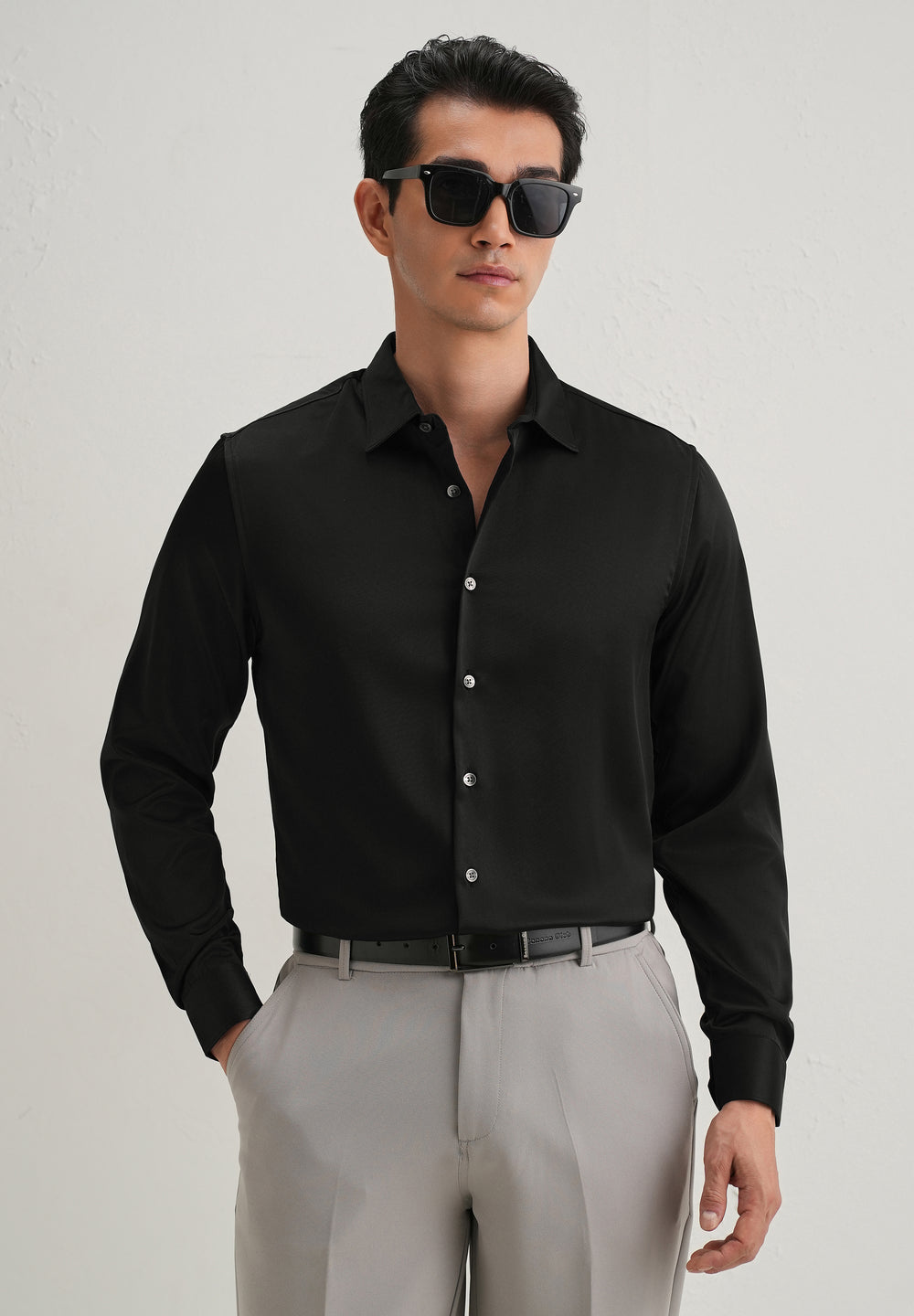 Black Satin-Finish Plain Shirt