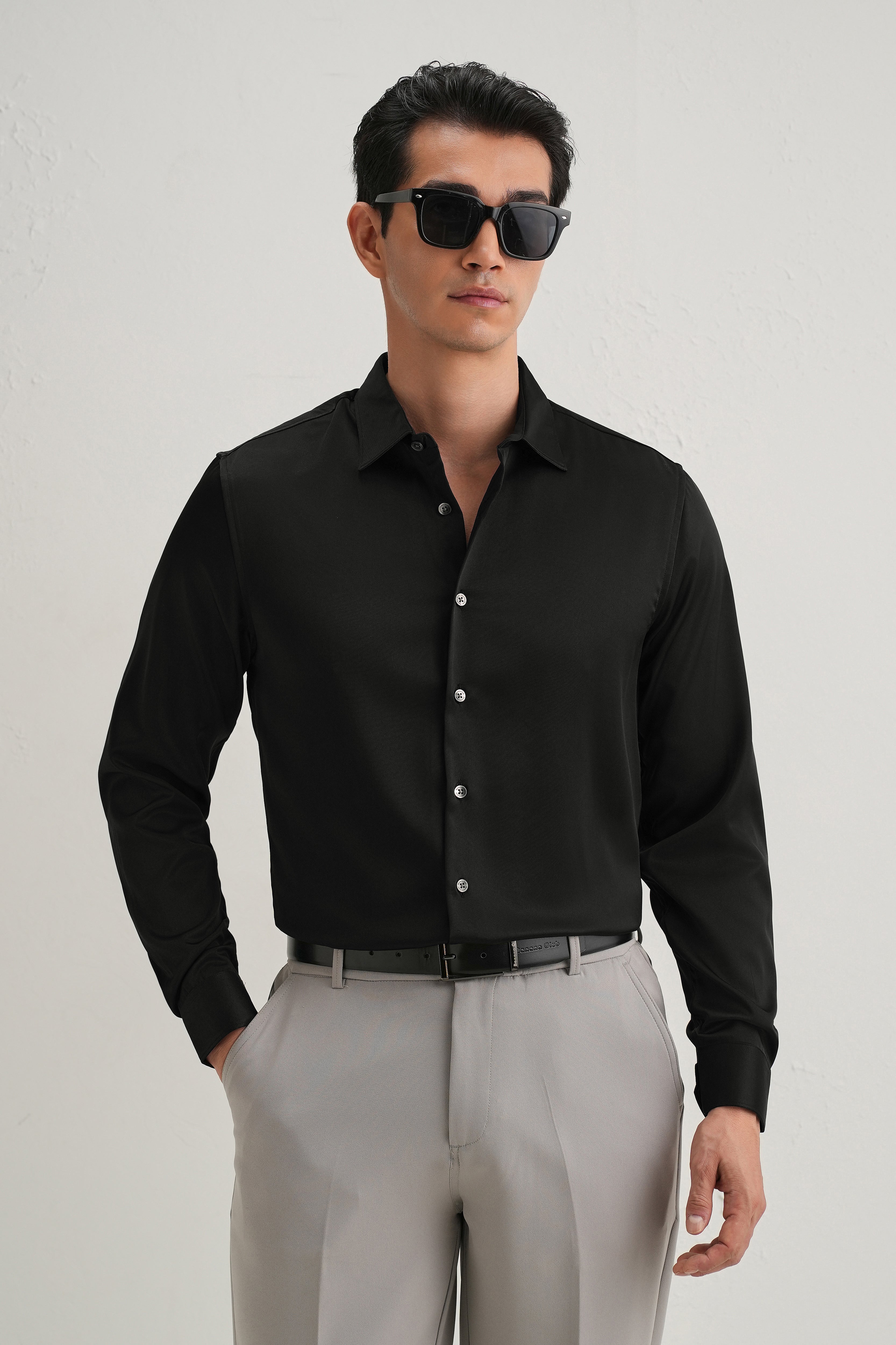 Black Satin-Finish Plain Shirt