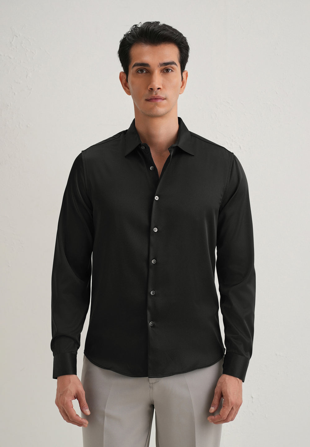 Black Satin-Finish Plain Shirt