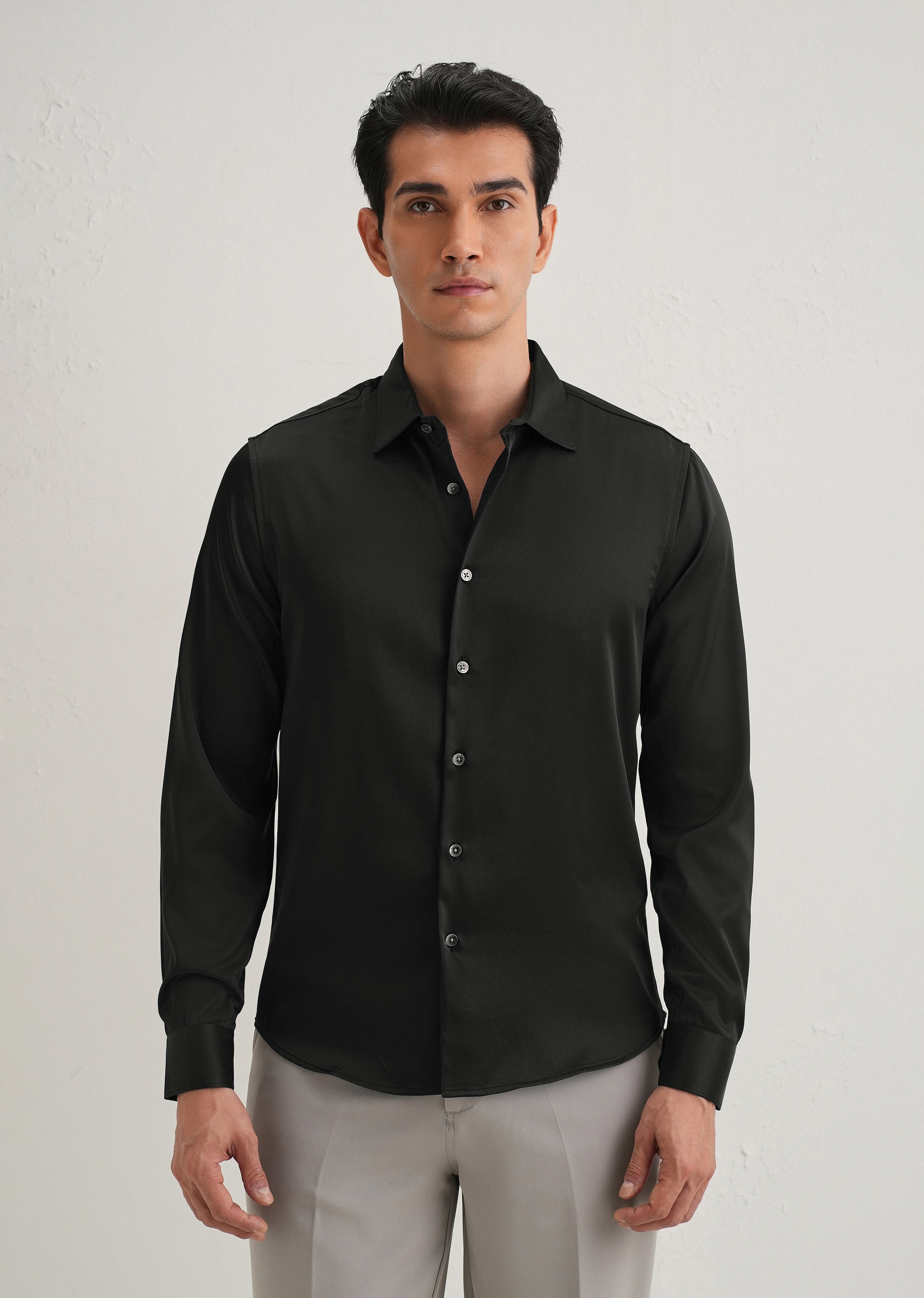 Black Satin-Finish Plain Shirt