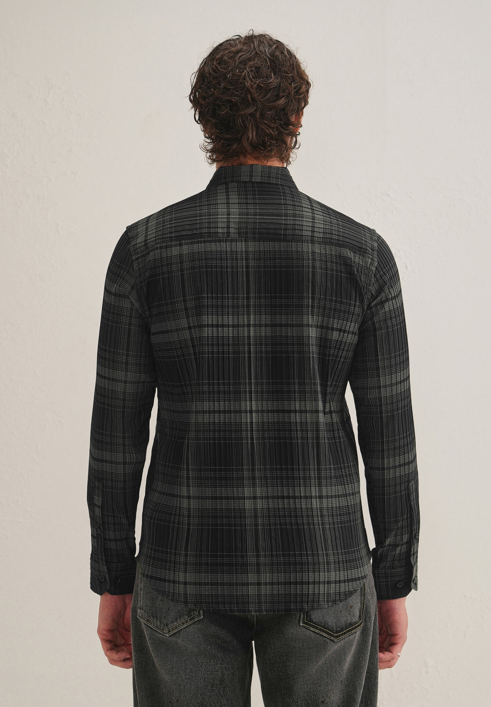 Black Self-Pleated Check Shirt