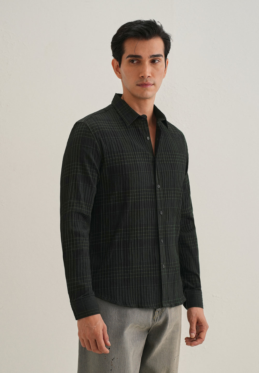 Deep Black Self-Pleated Check Shirt
