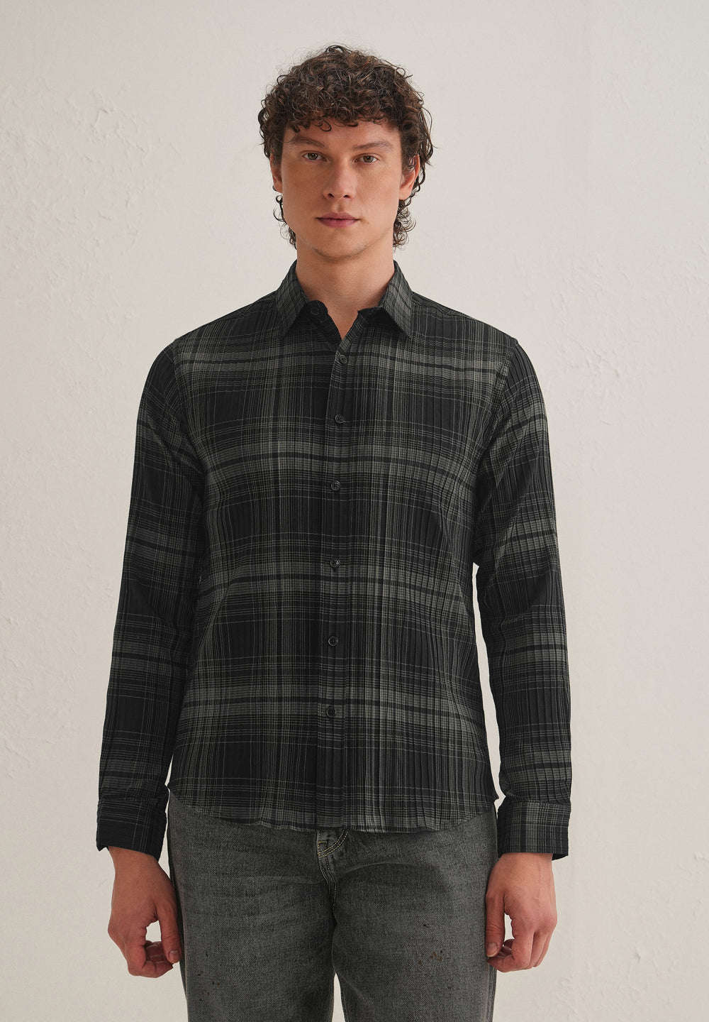 Black Self-Pleated Check Shirt
