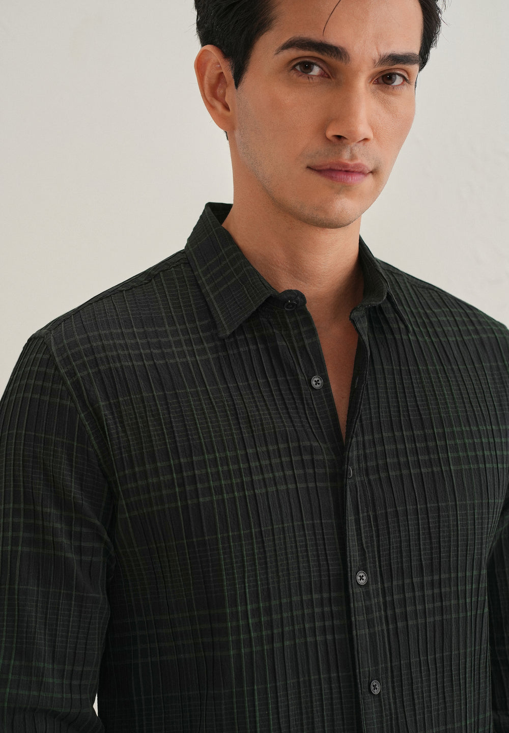 Deep Black Self-Pleated Check Shirt