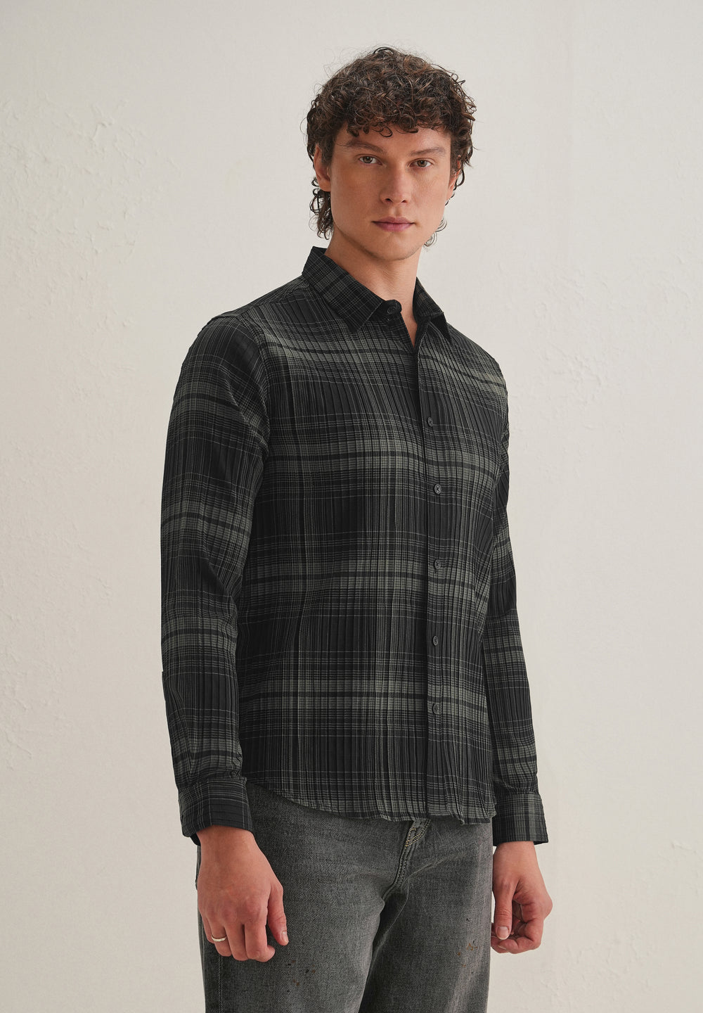 Black Self-Pleated Check Shirt