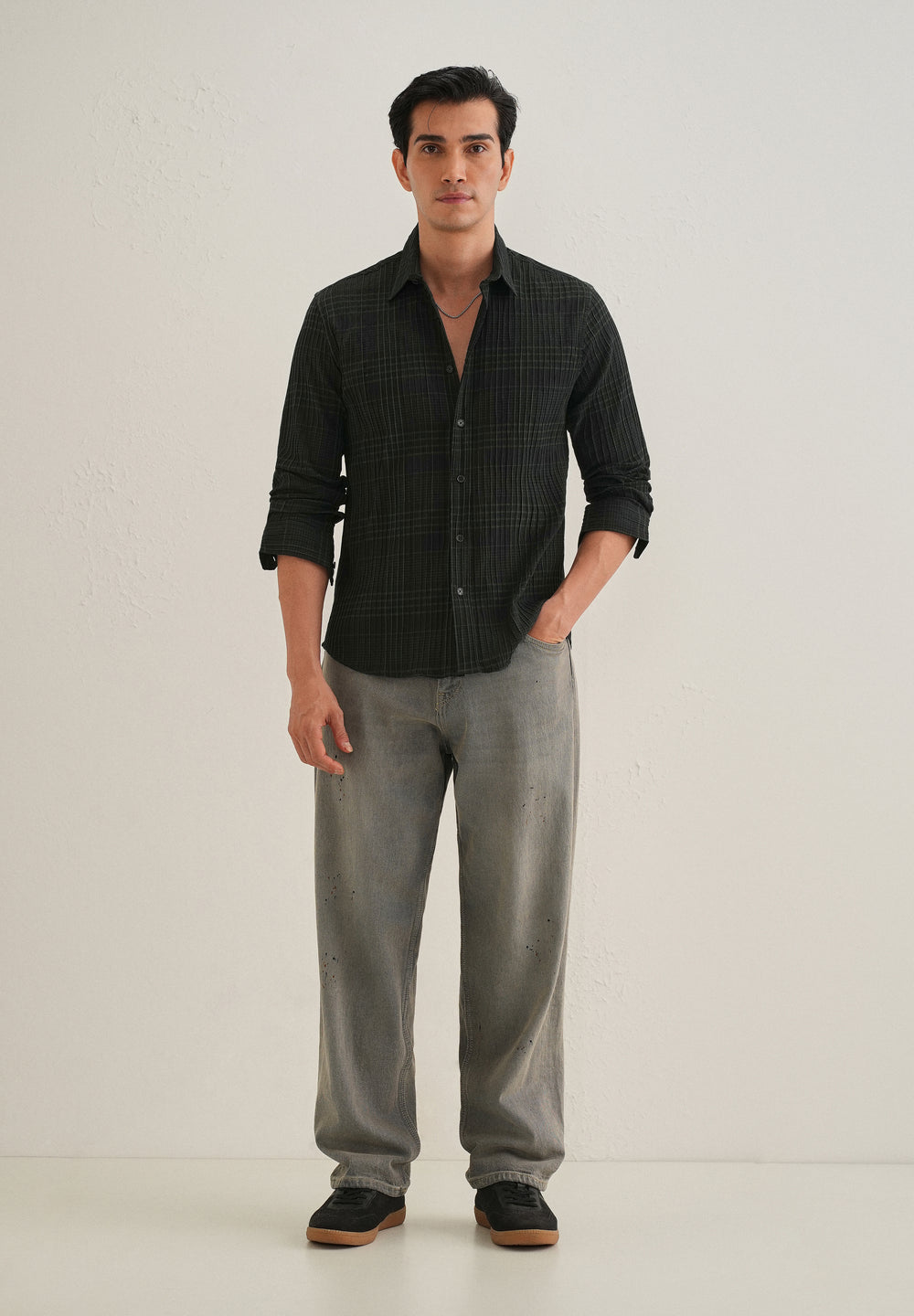 Deep Black Self-Pleated Check Shirt