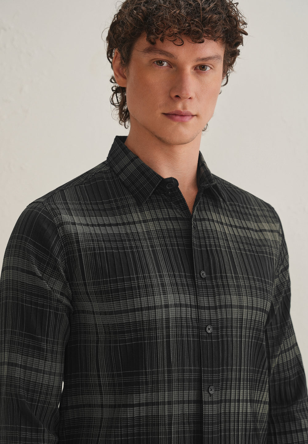 Black Self-Pleated Check Shirt