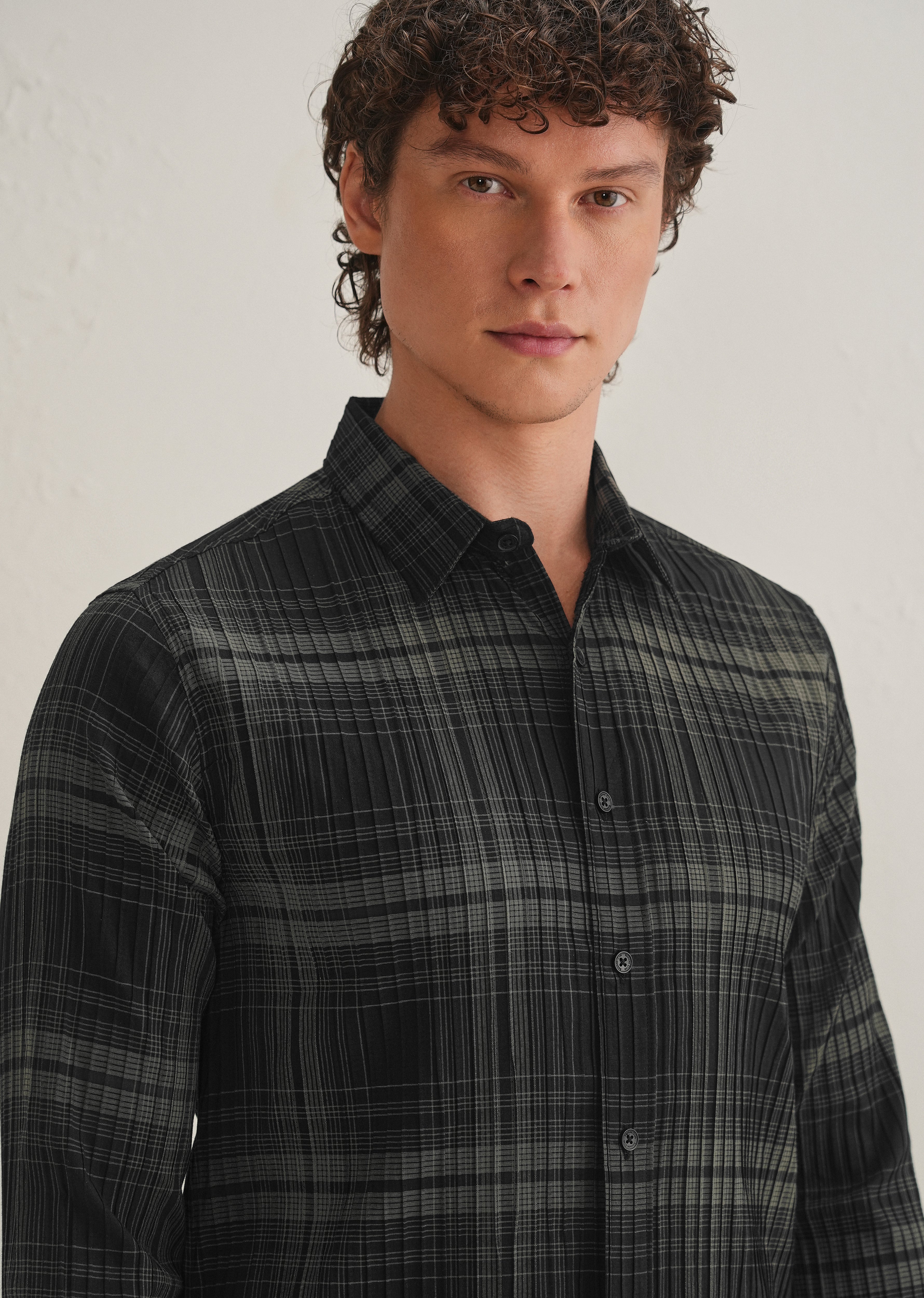 Black Self-Pleated Check Shirt