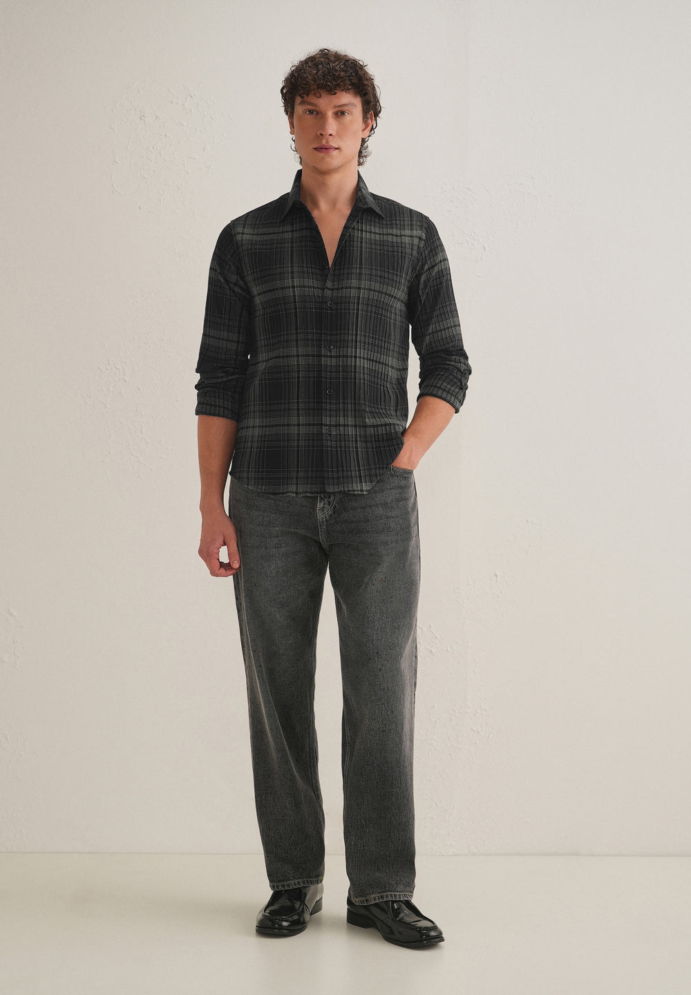 Black Self-Pleated Check Shirt
