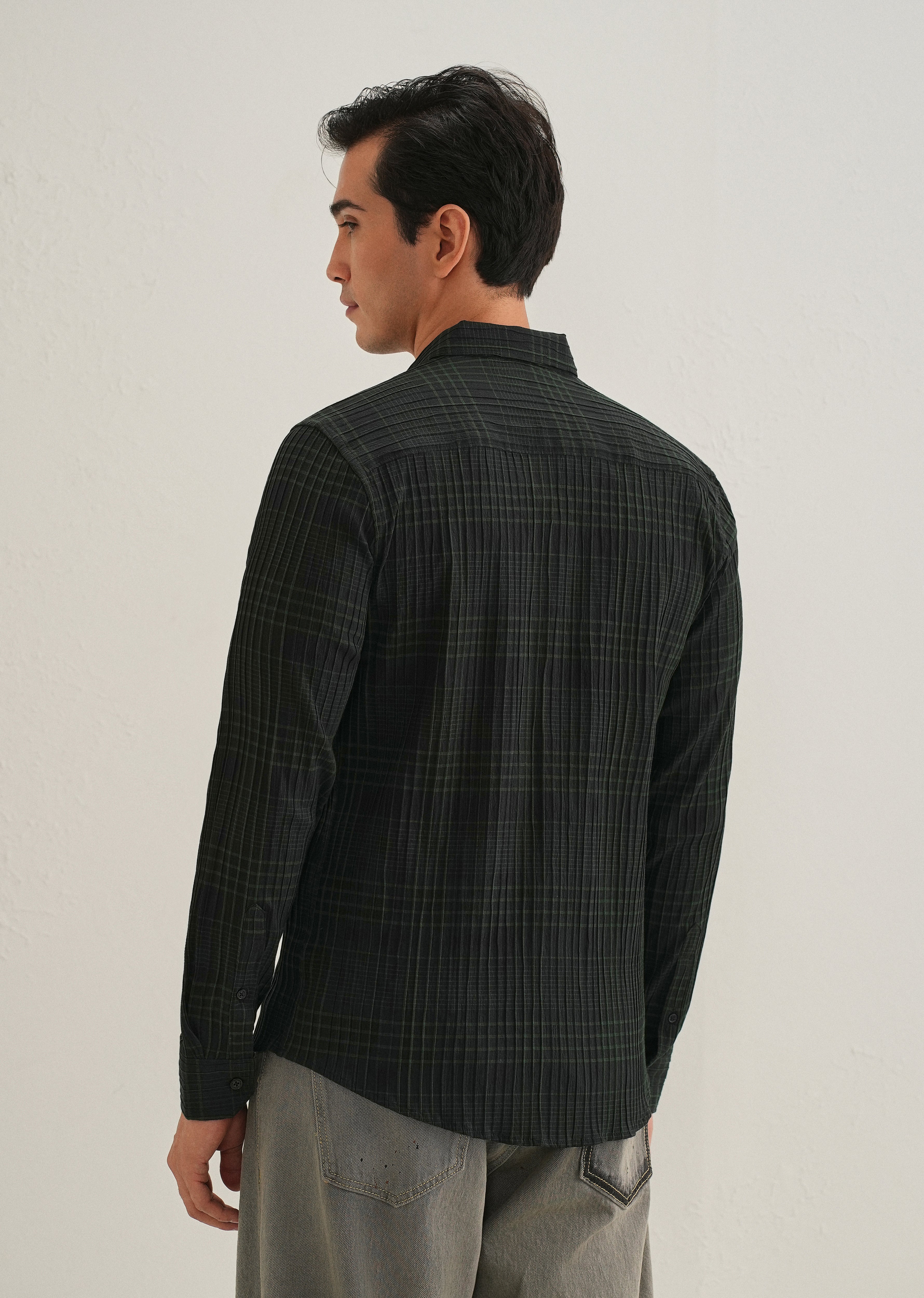 Deep Black Self-Pleated Check Shirt