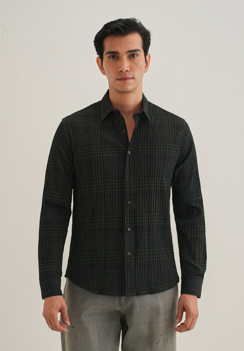 Deep Black Self-Pleated Check Shirt