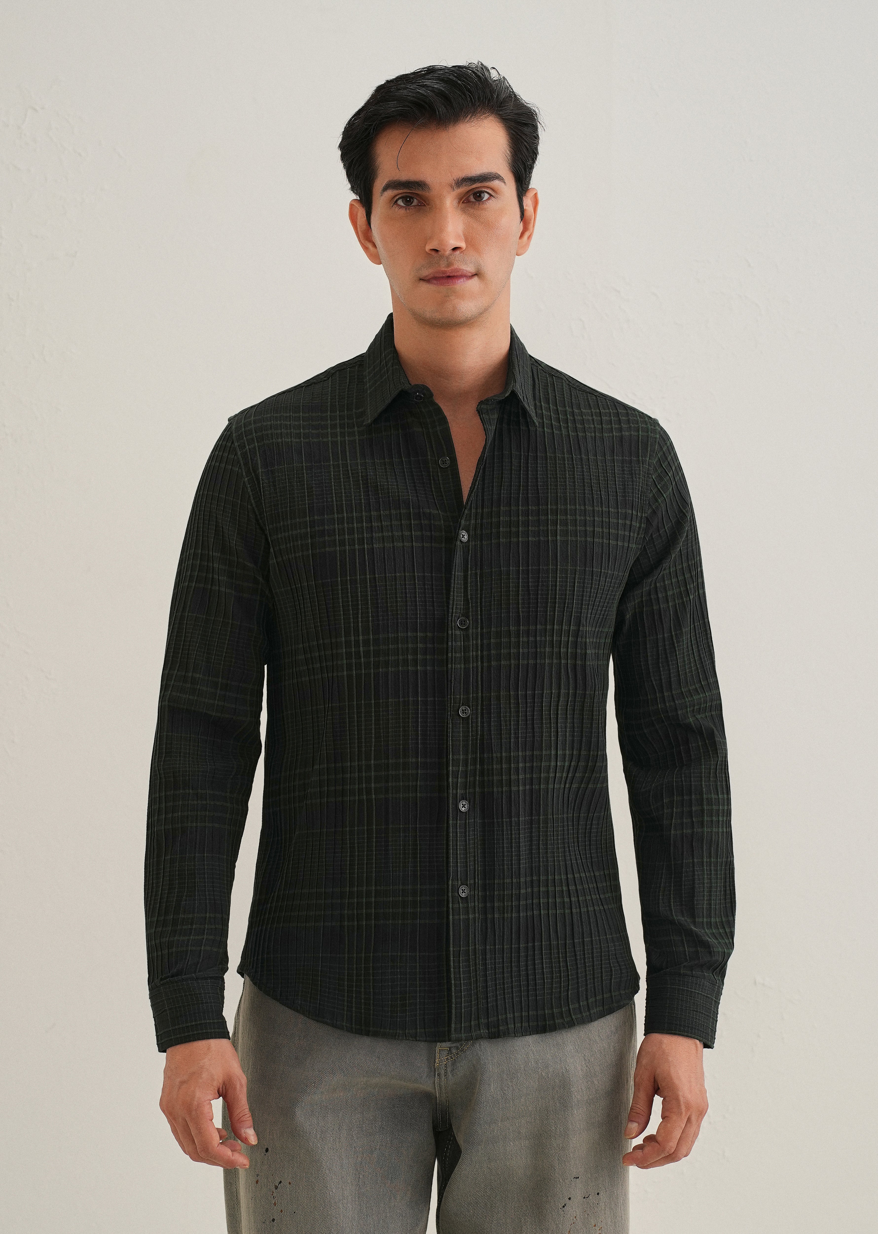 Deep Black Self-Pleated Check Shirt