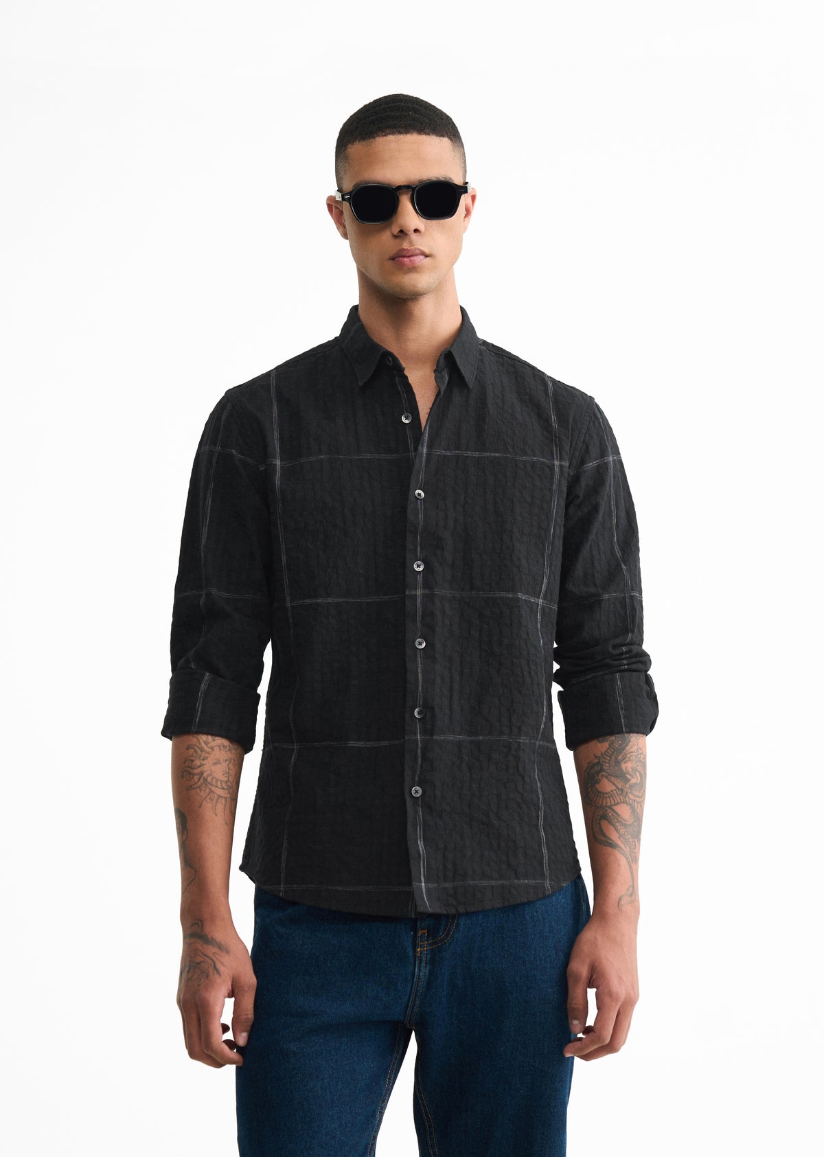 Black Self Check Cotton Shirt